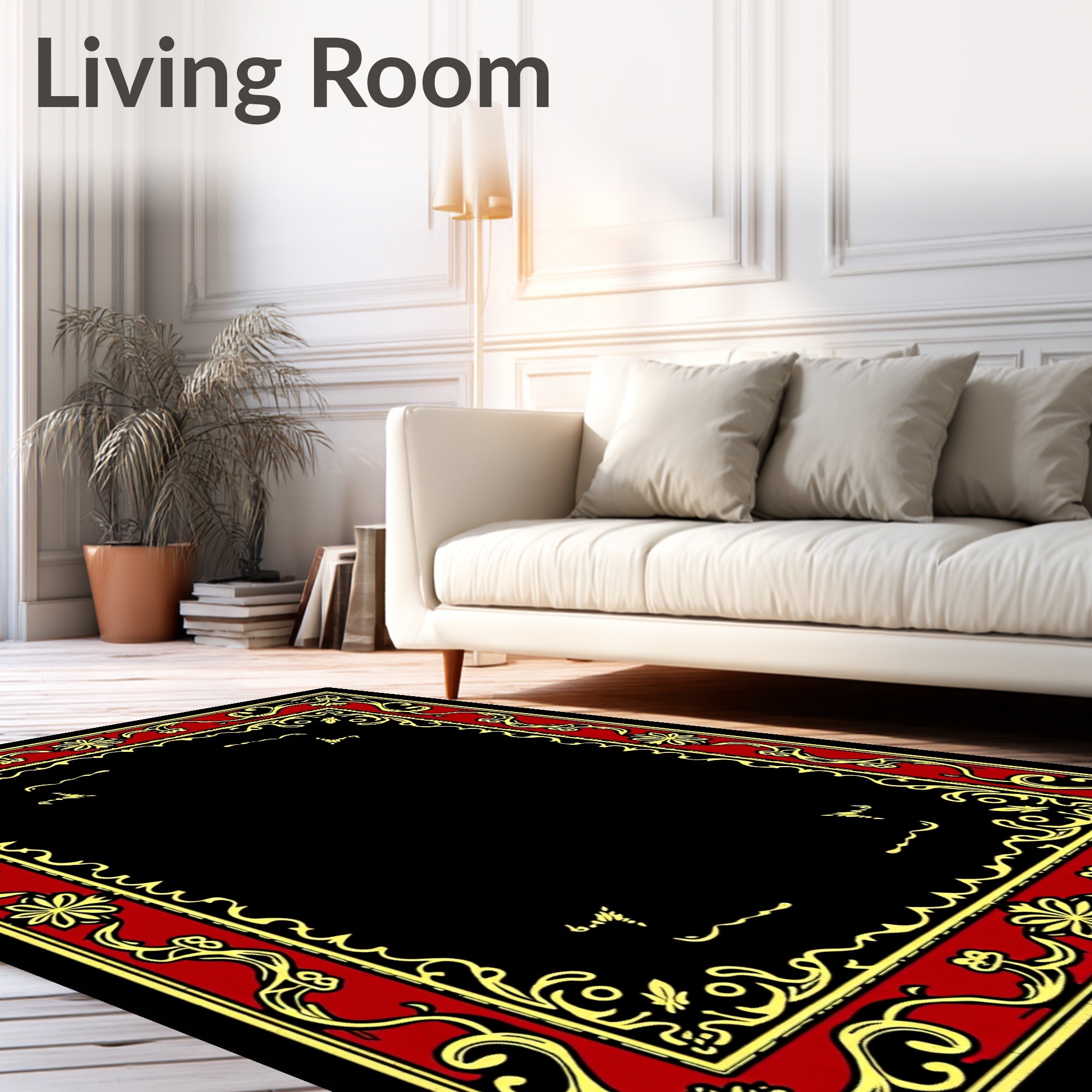 Crimson and Gold Floral Scroll Frame Rug