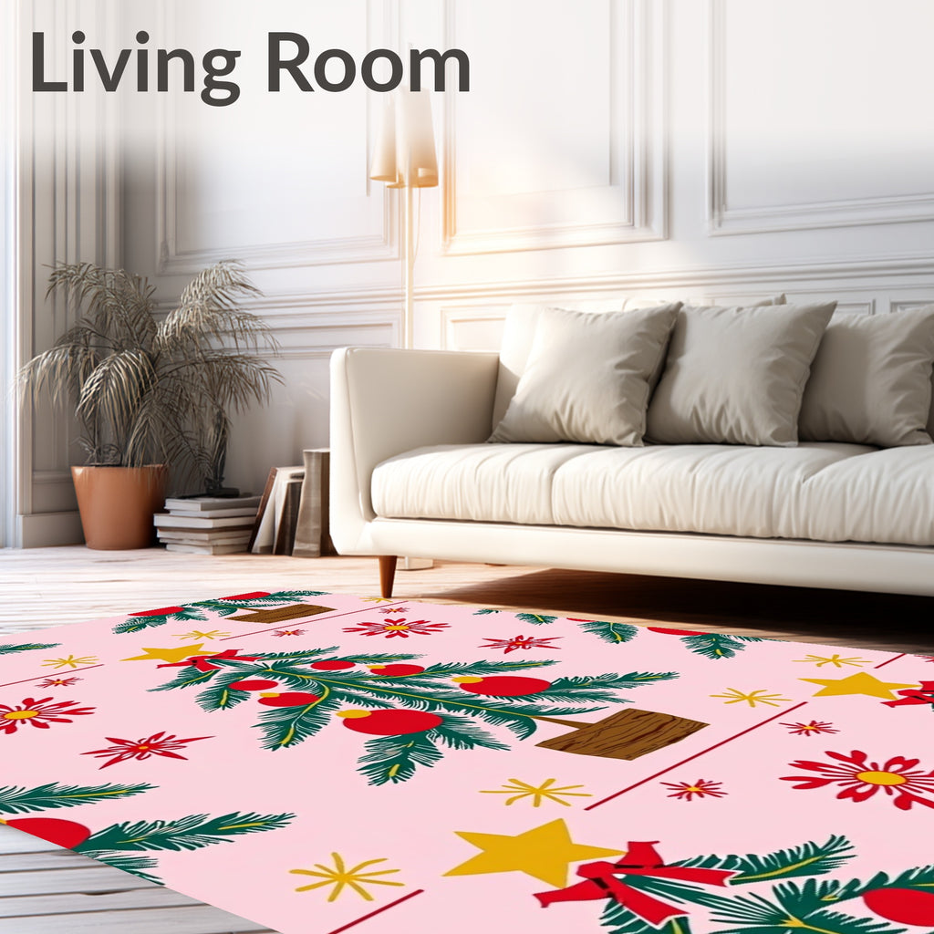 Retro Red Christmas Trees Stars Rug