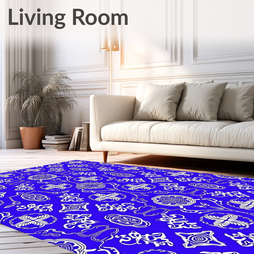 Rich Cobalt Blue Floral Crest Rug