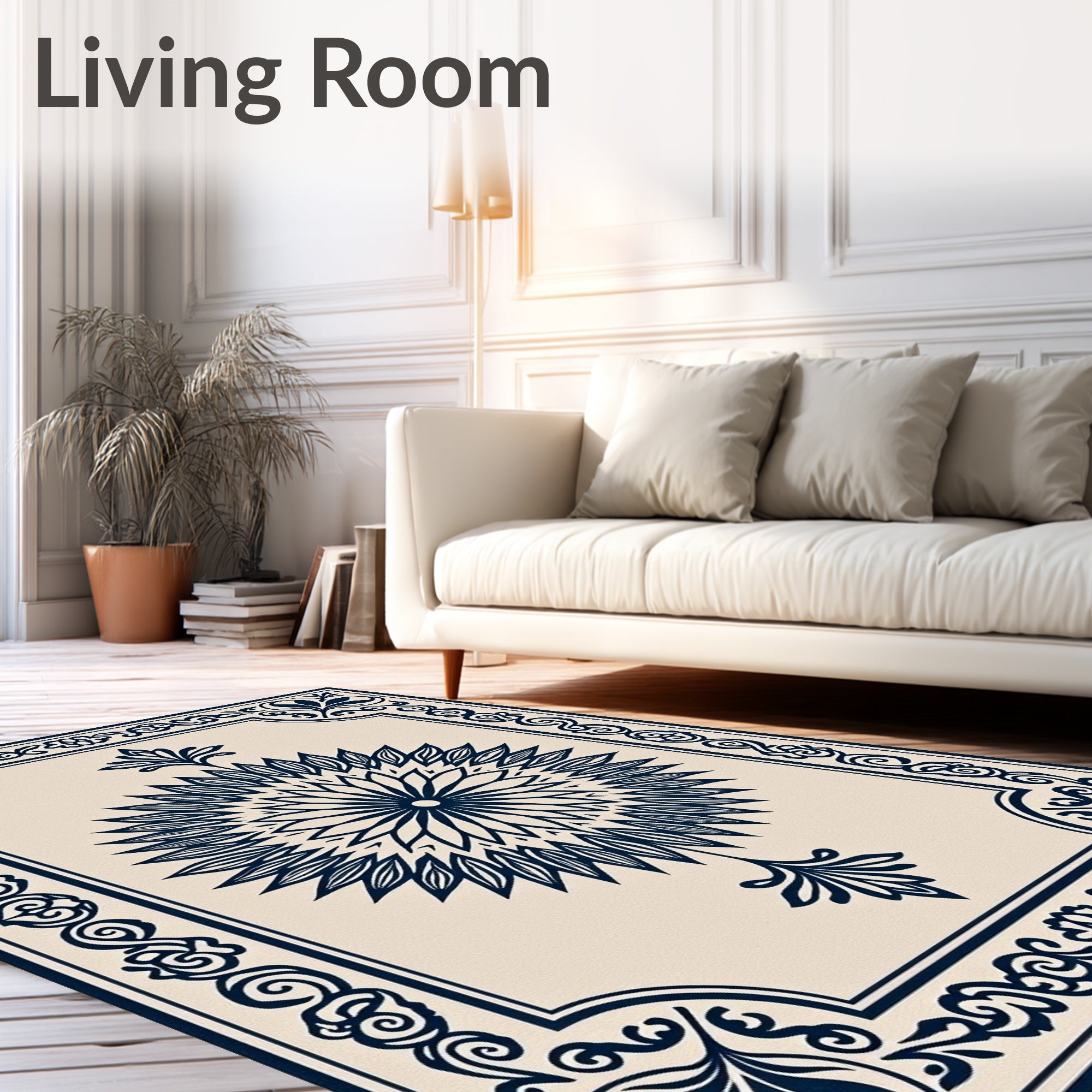 Navy Blue Radial Floral Medallion Rug