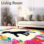 Vibrant Floral Border Black Dog Silhouette Rug