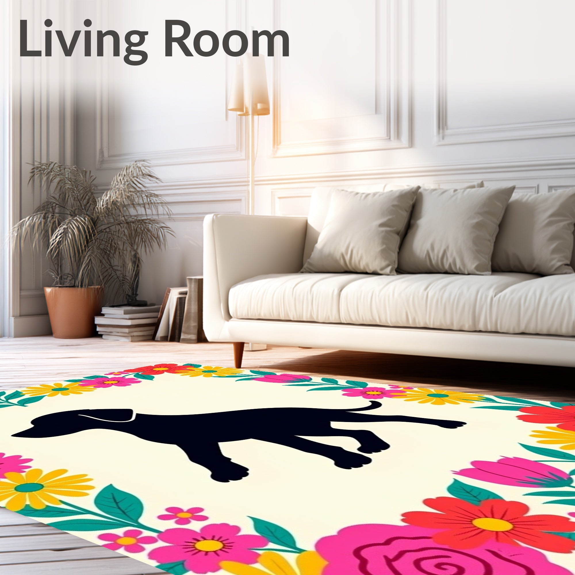 Vibrant Floral Border Black Dog Silhouette Rug