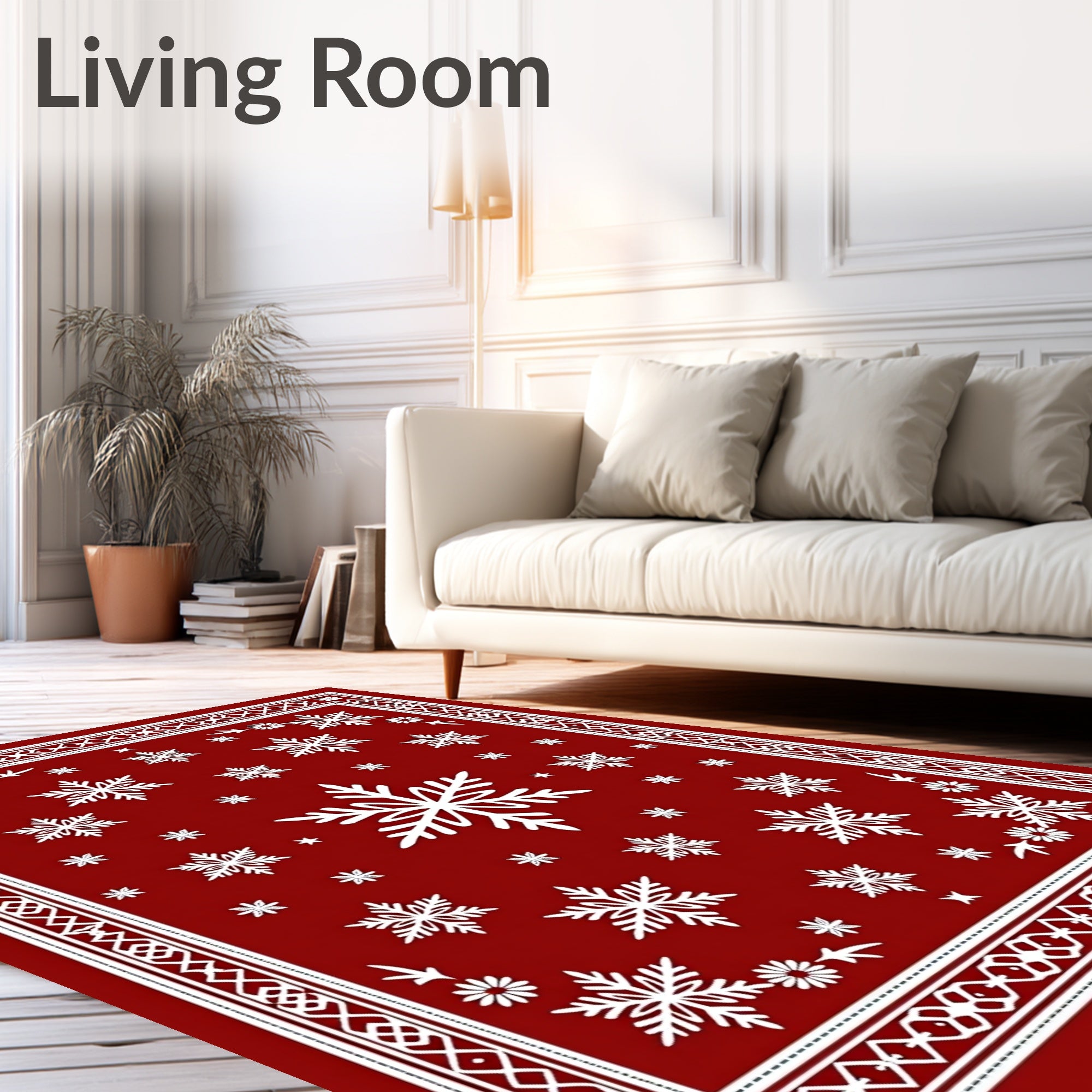 Crimson White Snowflake Bordered Throw Rug