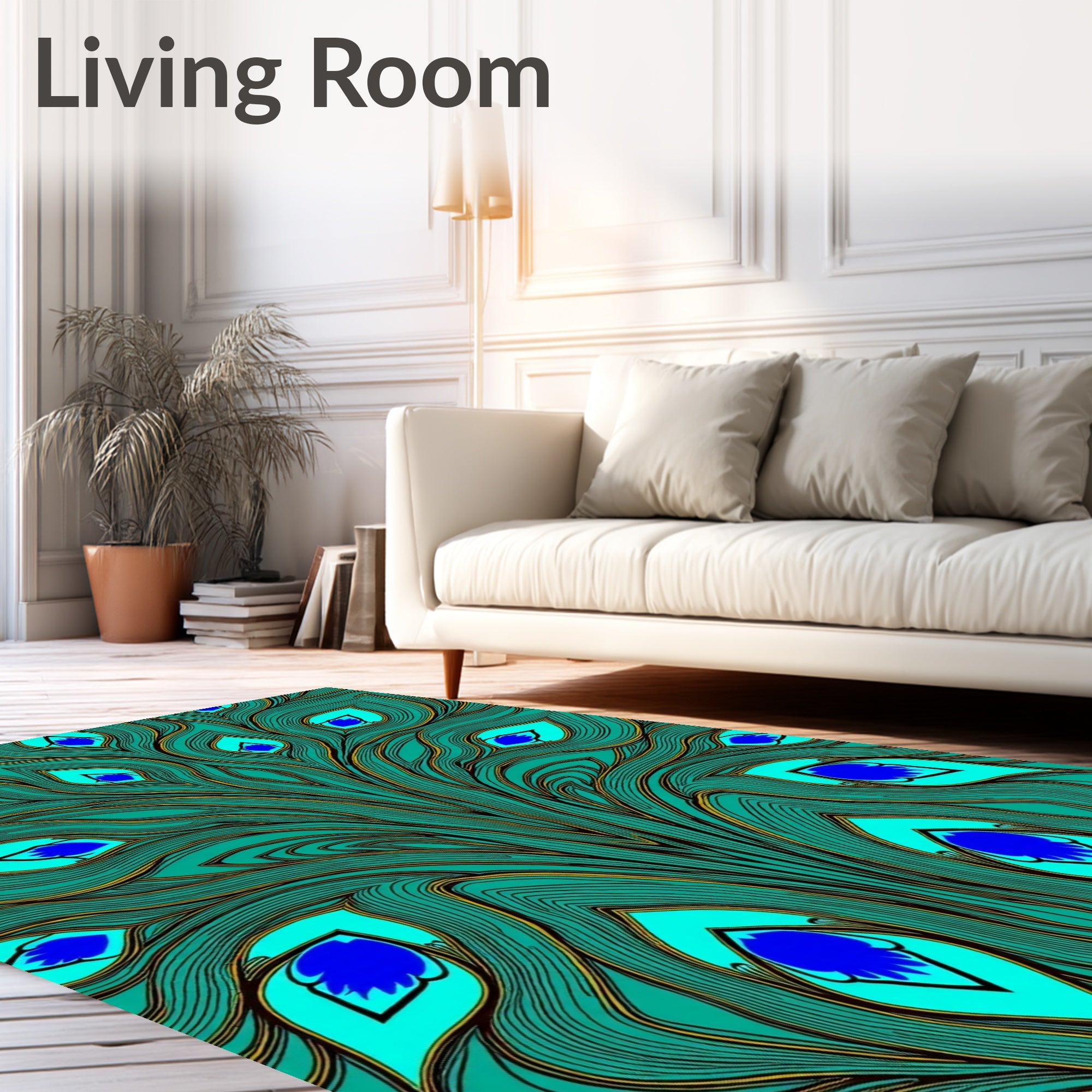 Teal Blue Peacock Feather Medallion Rug