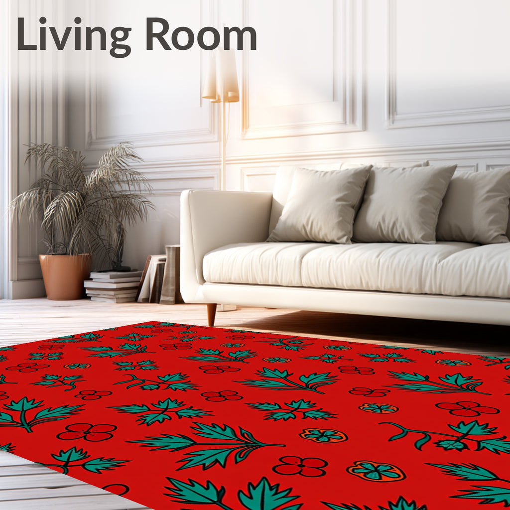 Crimson Red Teal Green Floral Sprigs Rug