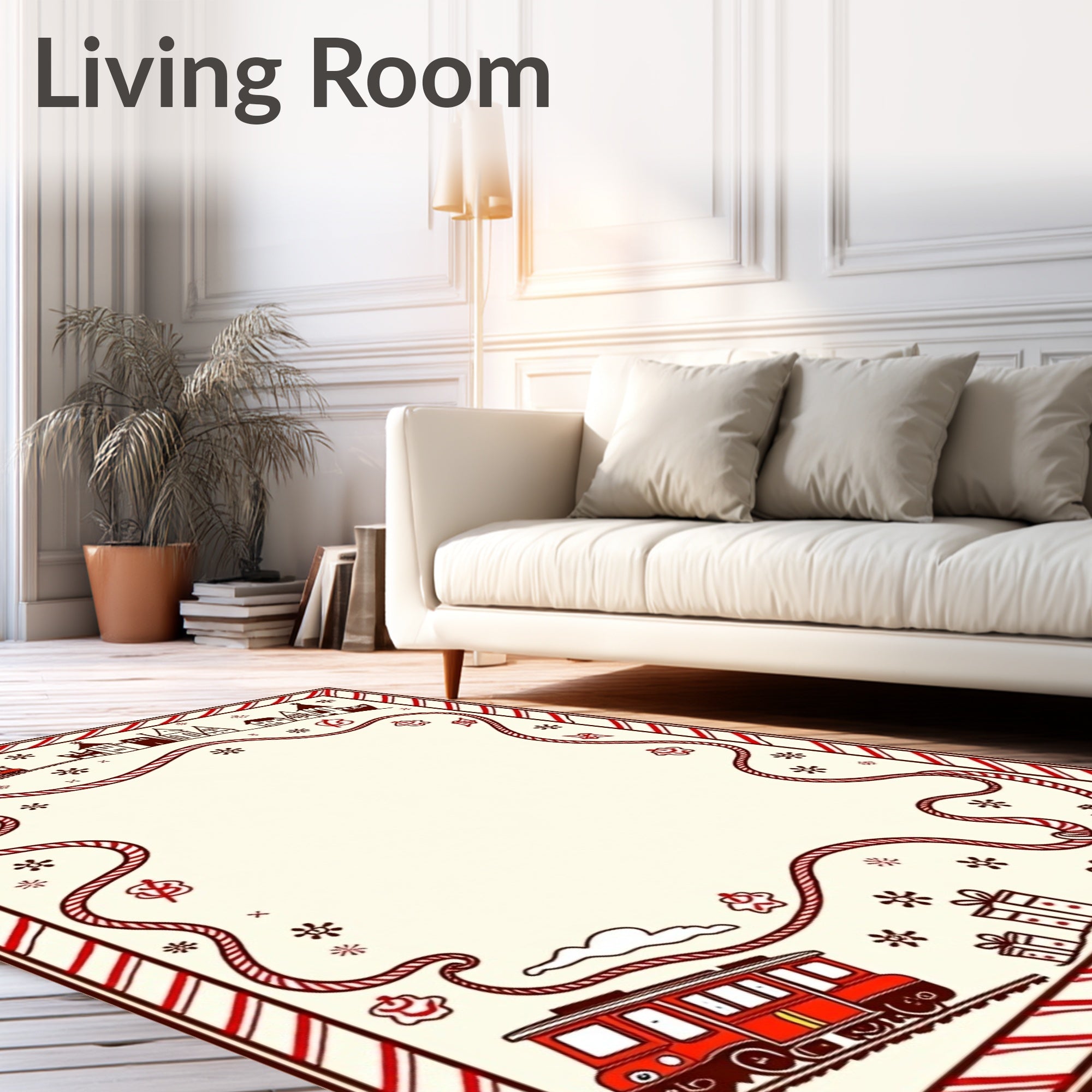 Whimsical Red Train Village Garland Rug