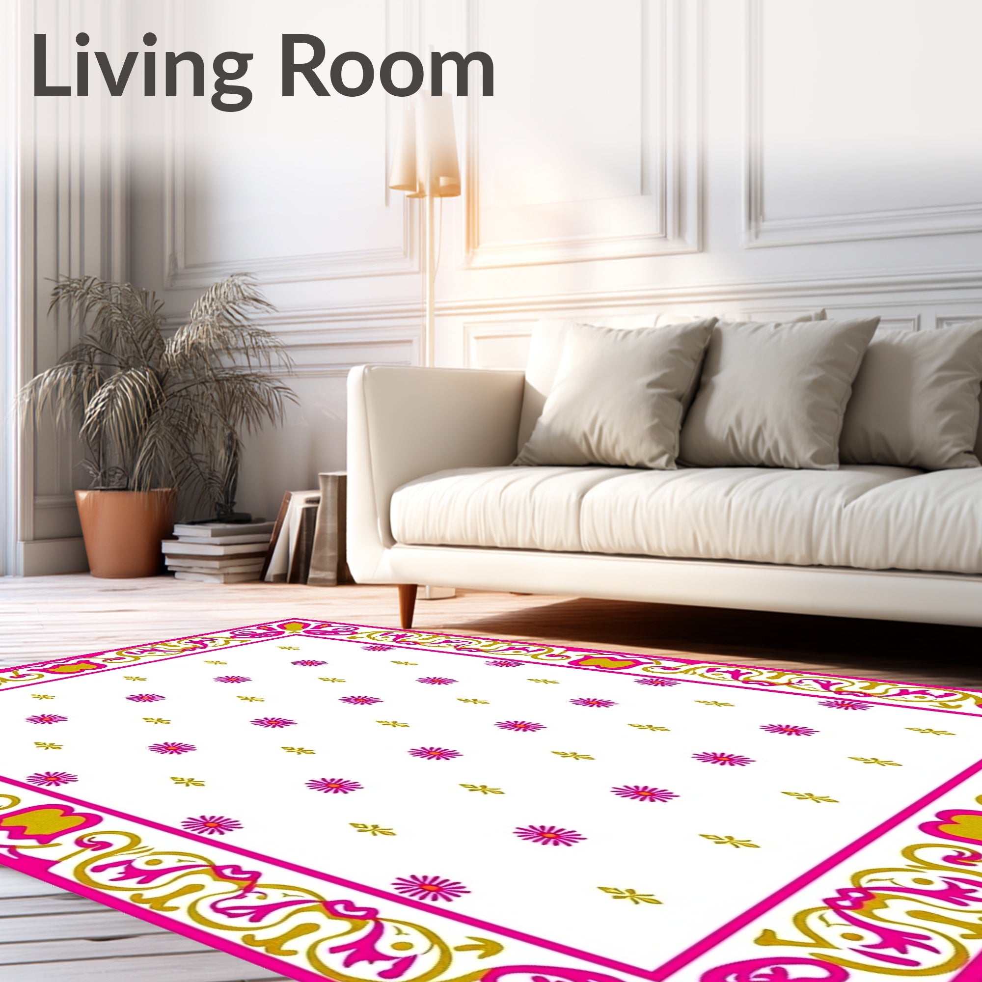 Fuchsia Gold Floral Bordered Medallion Rug