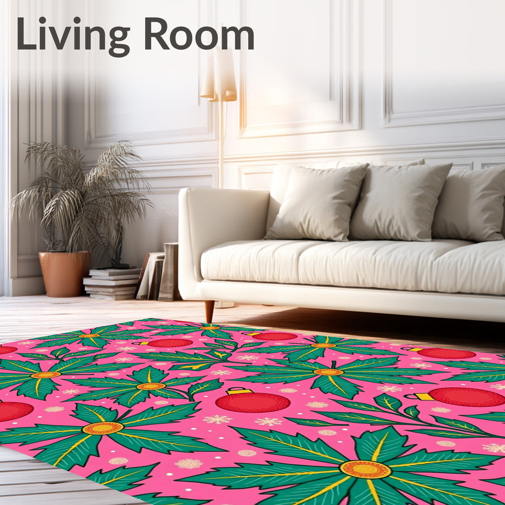 Festive Red Ornaments Green Holly Scatter Rug