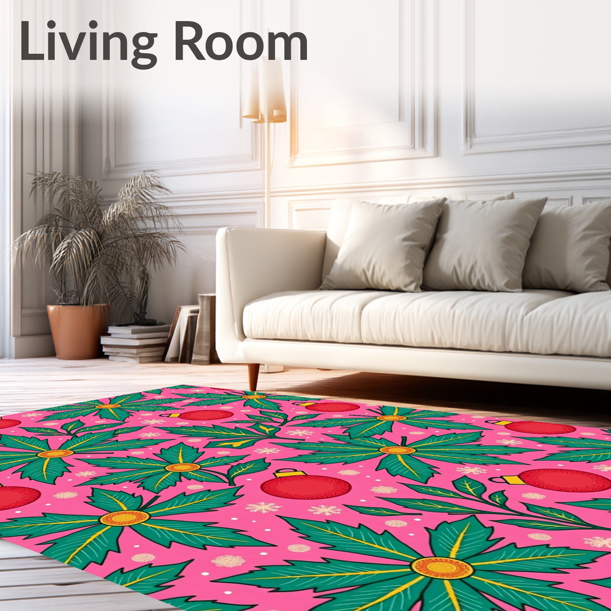Festive Red Ornaments Green Holly Scatter Rug