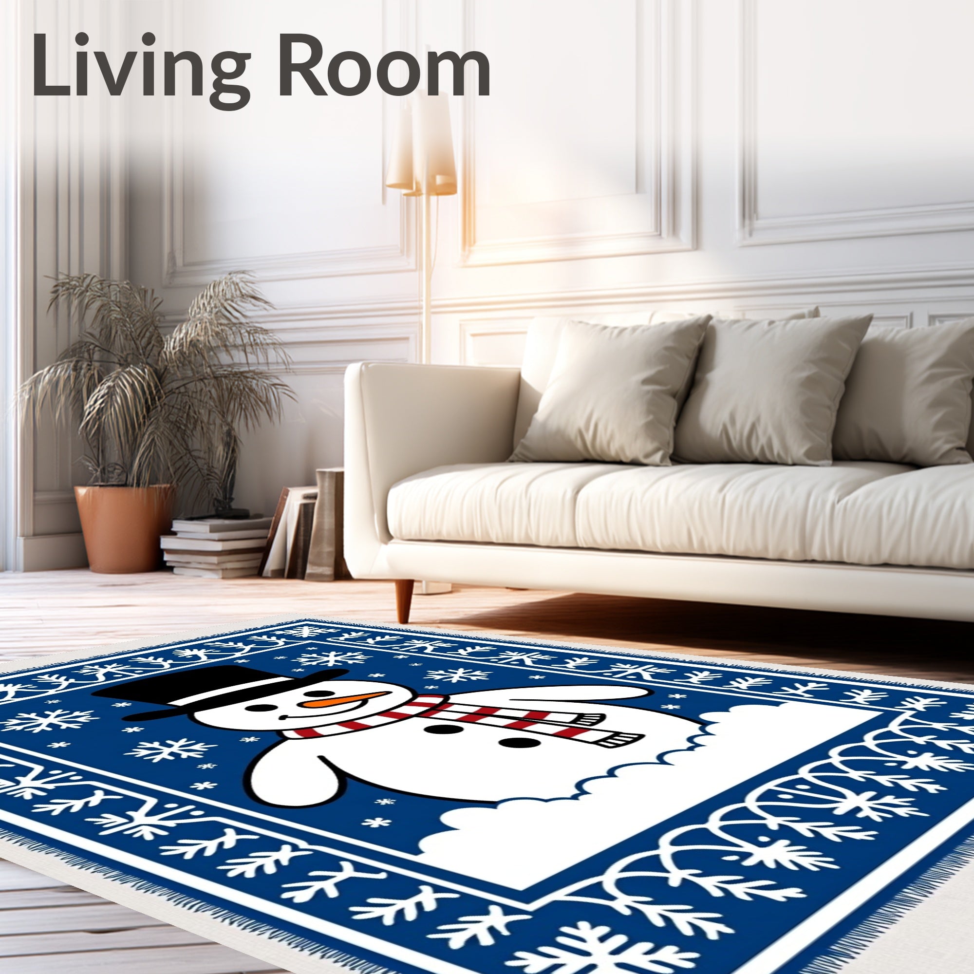Blue Snowman Snowflake Border Rug