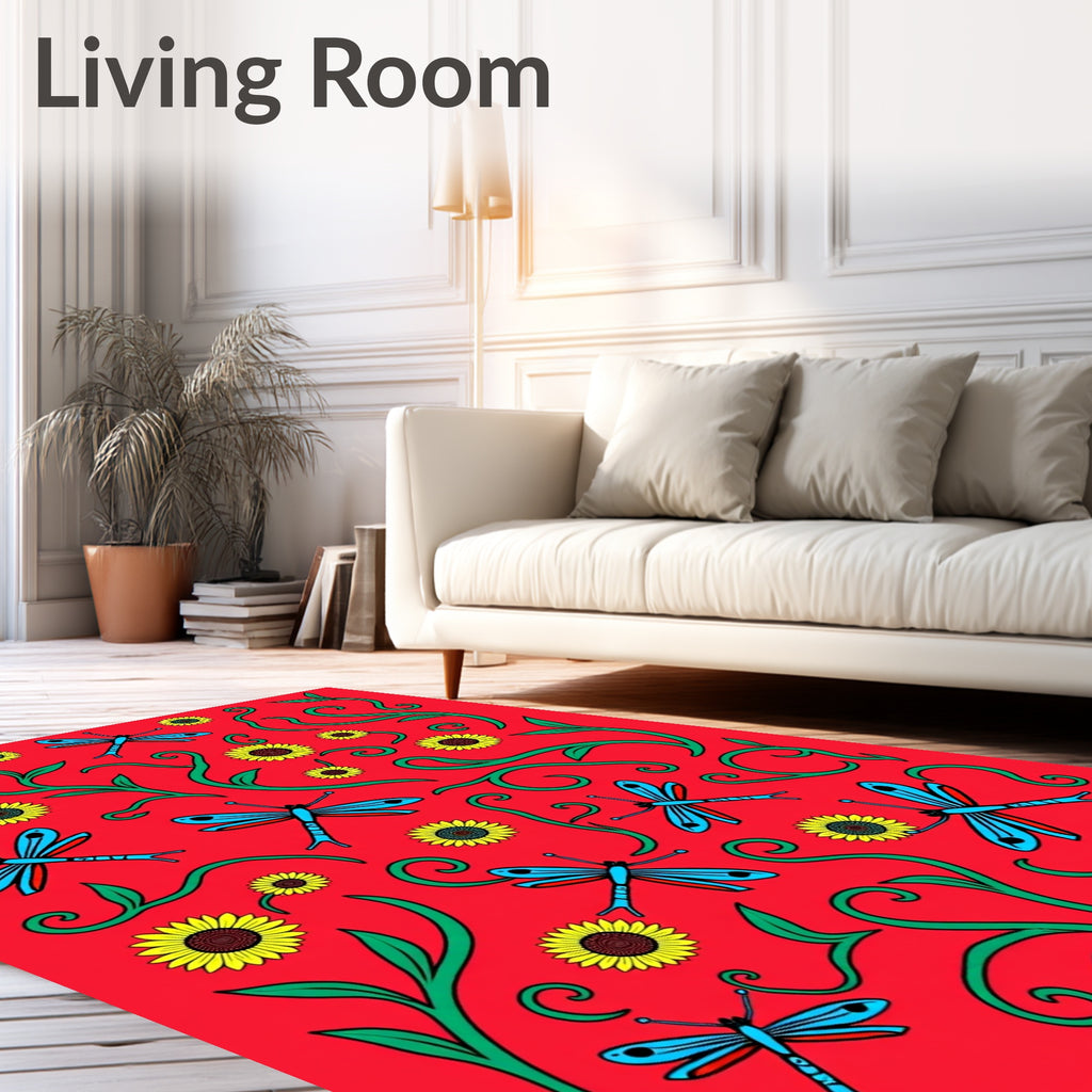 Red Sunflower Dragonfly Whimsical Vines Rug