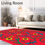 Red Sunflower Dragonfly Whimsical Vines Rug