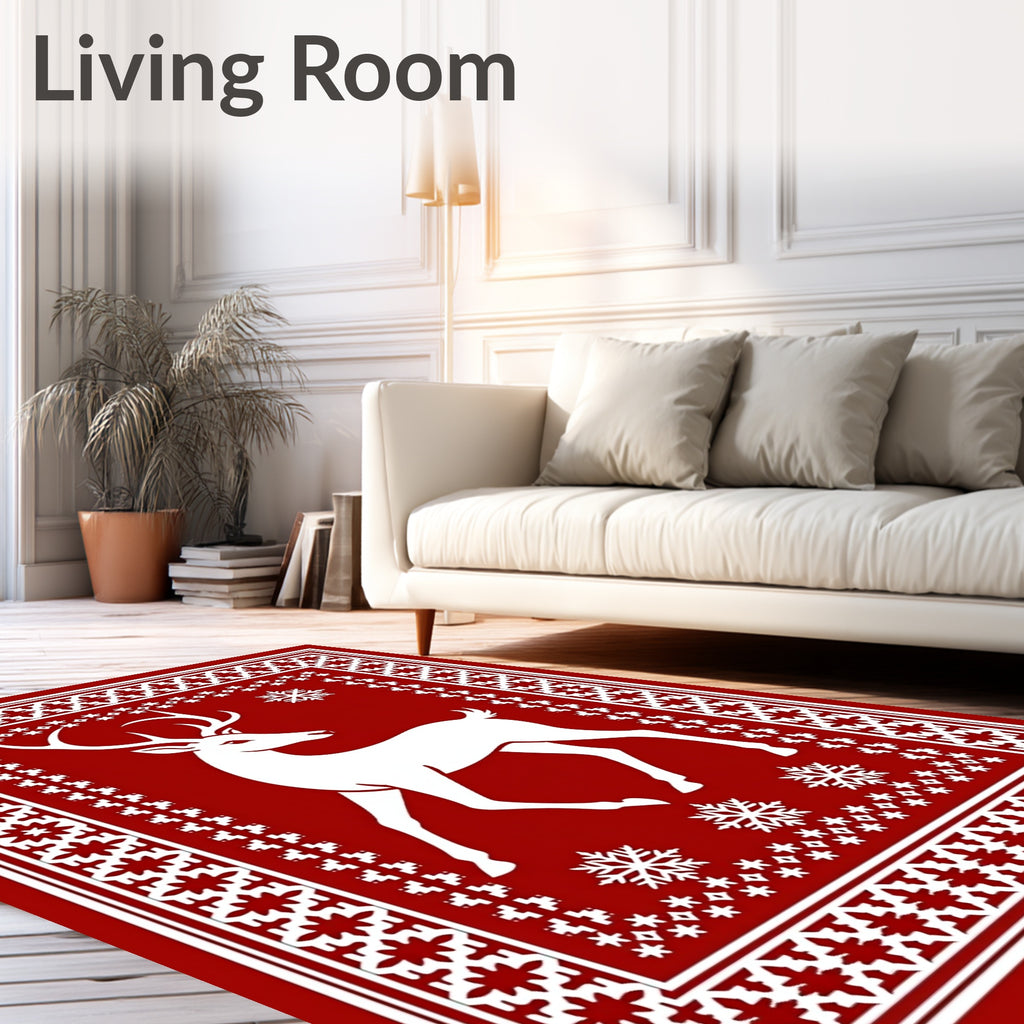 Crimson Deer Snowflake Folk Rug