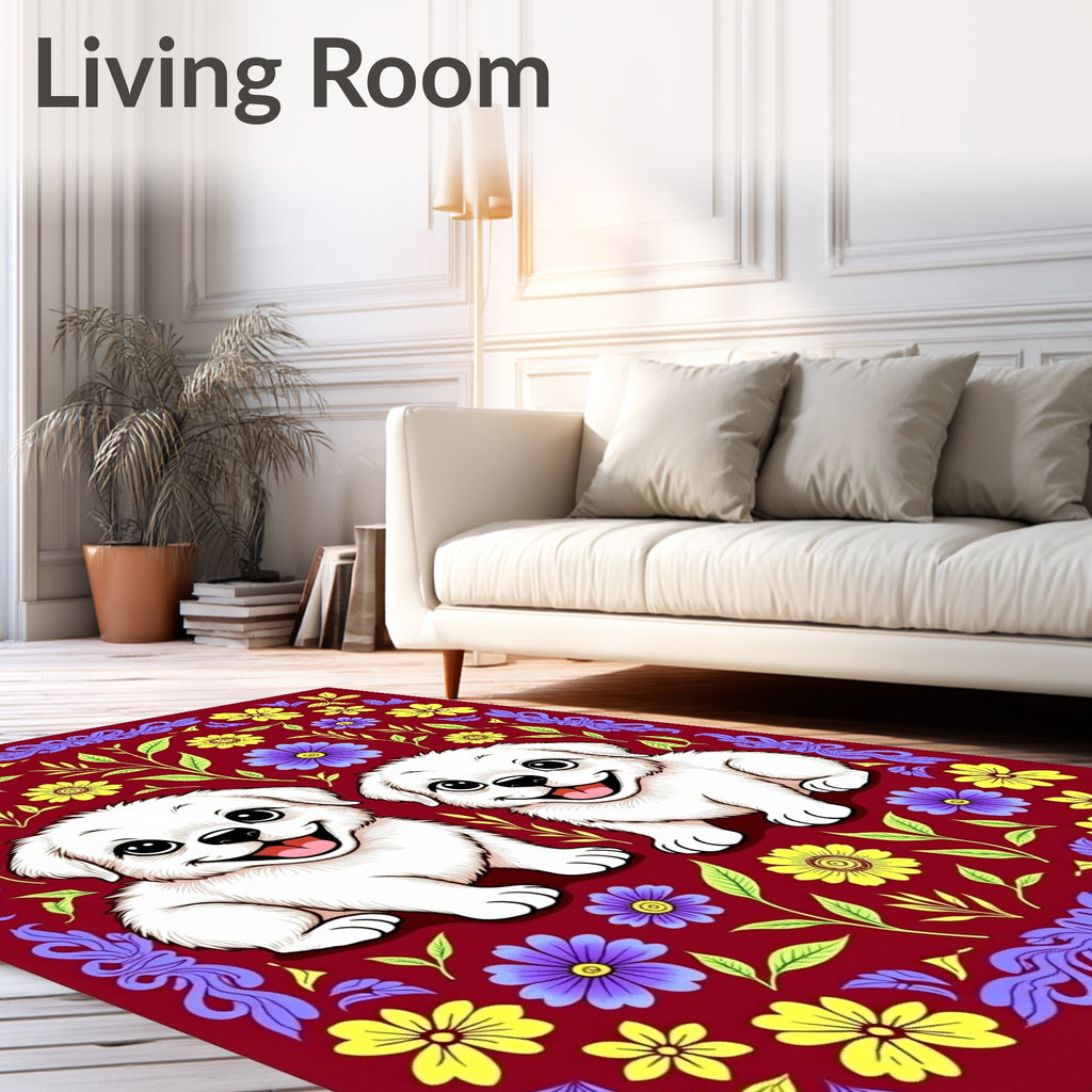 Playful White Puppies Floral Border Rug