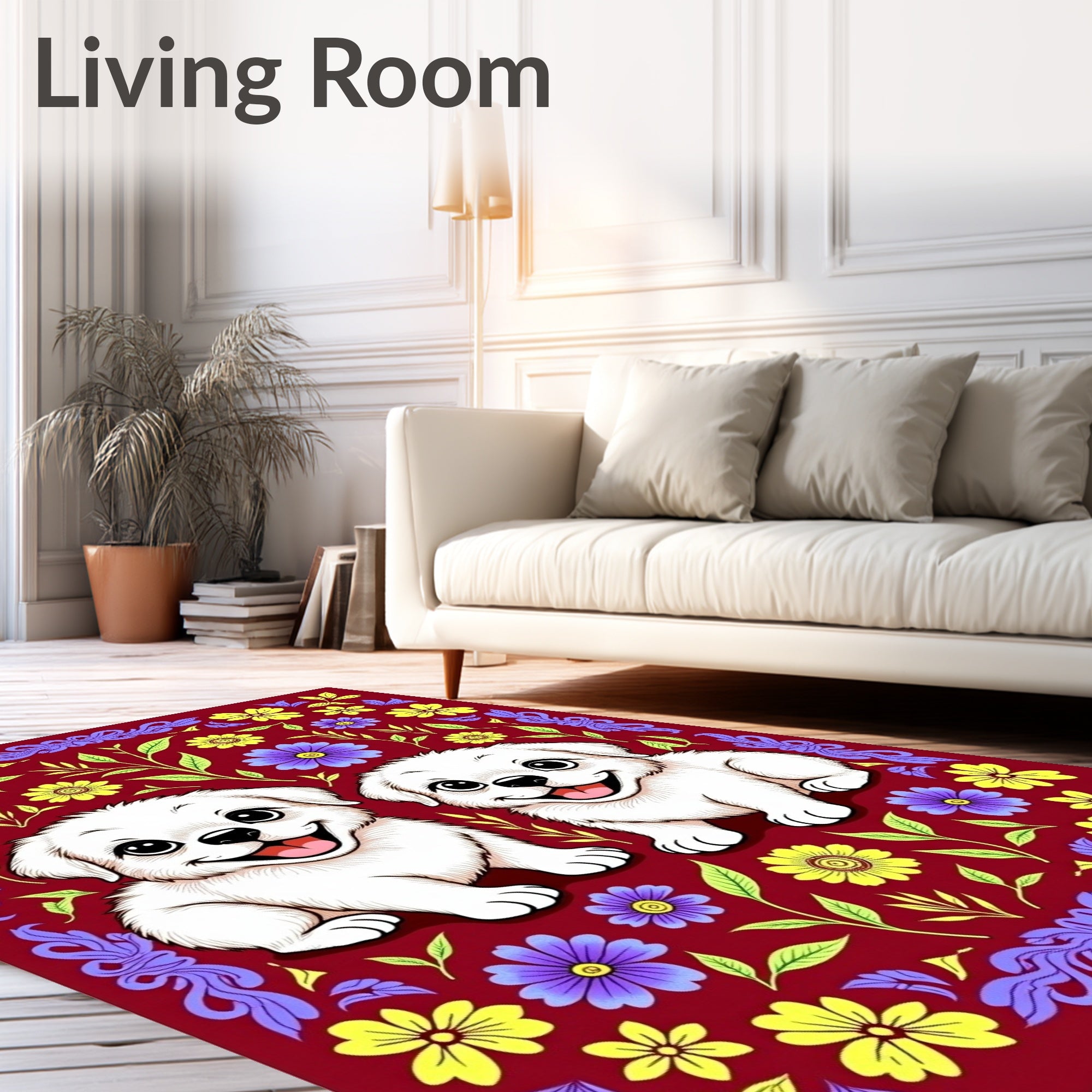Playful White Puppies Floral Border Rug