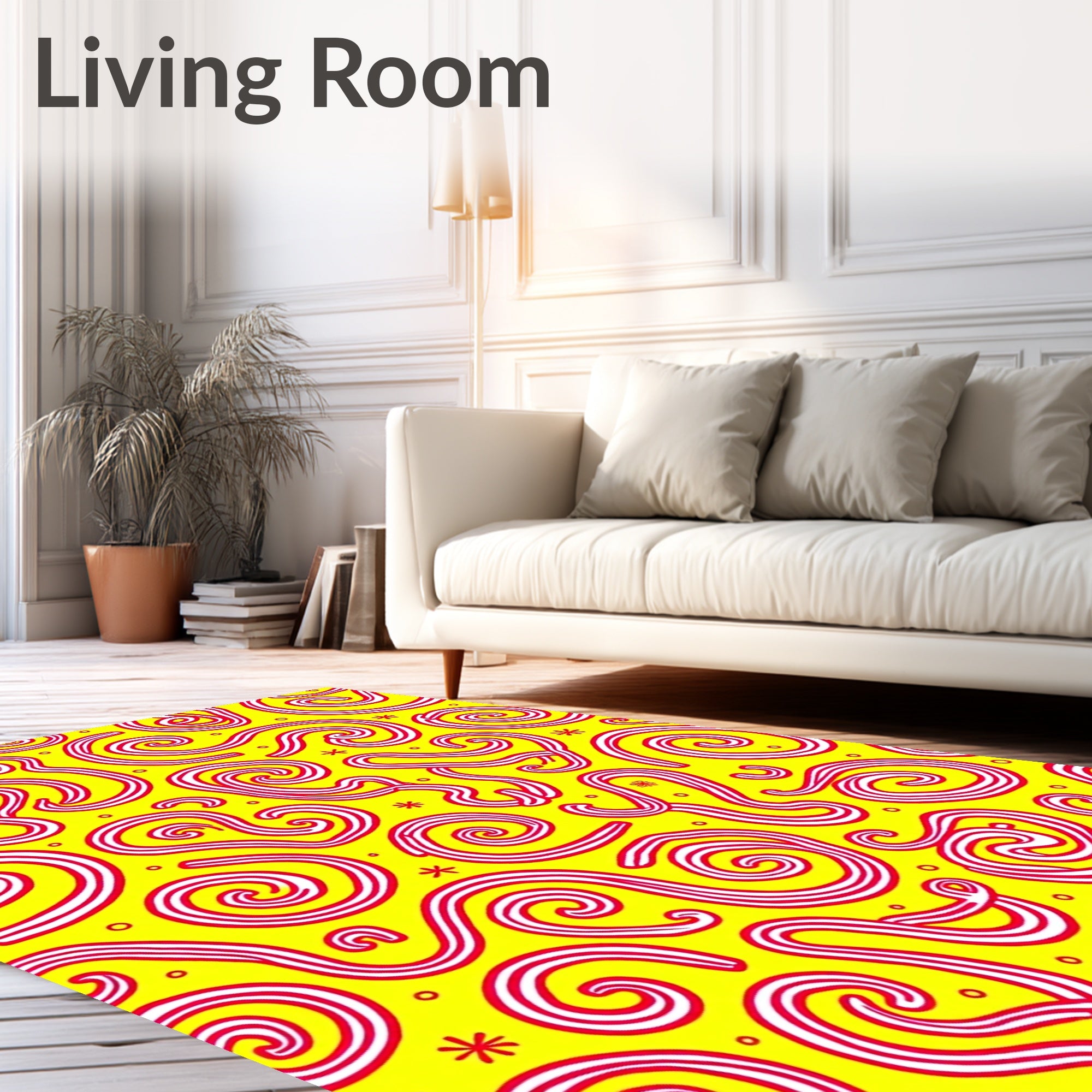 Whimsical Red Swirl Yellow Abstract Rug