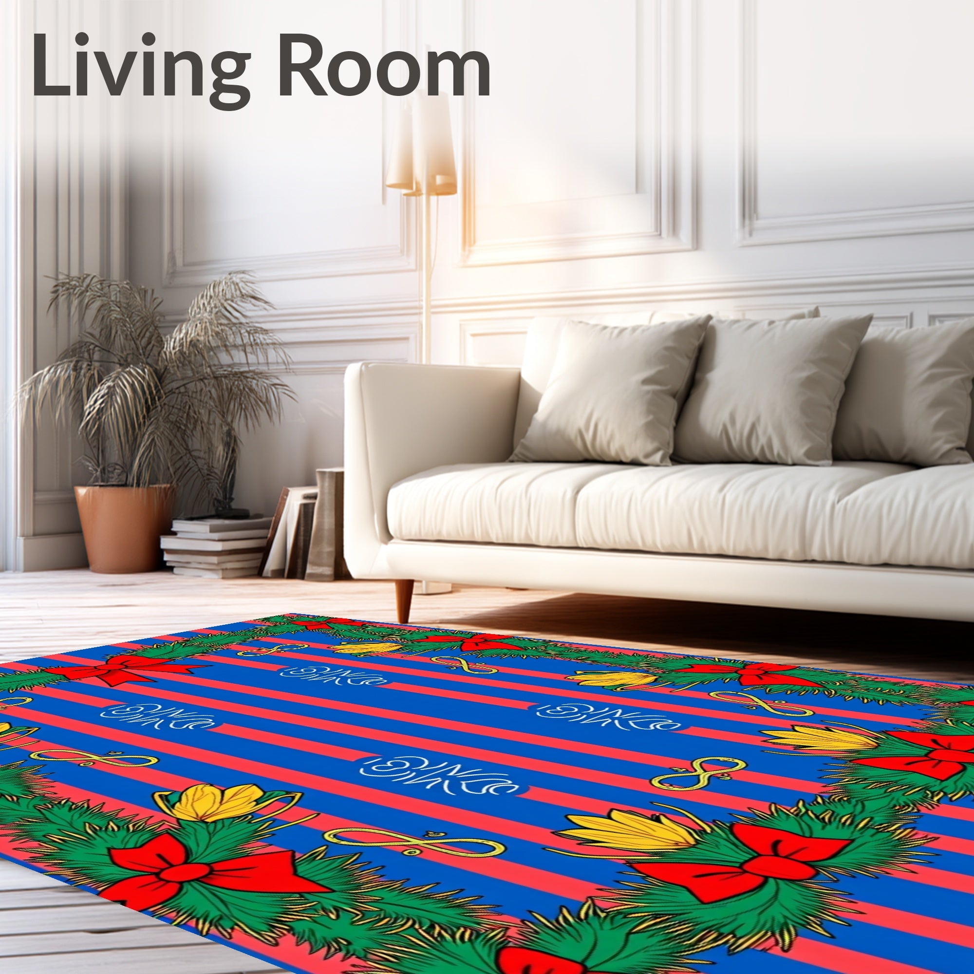 Red Blue Stripe Evergreen Garlands Rug