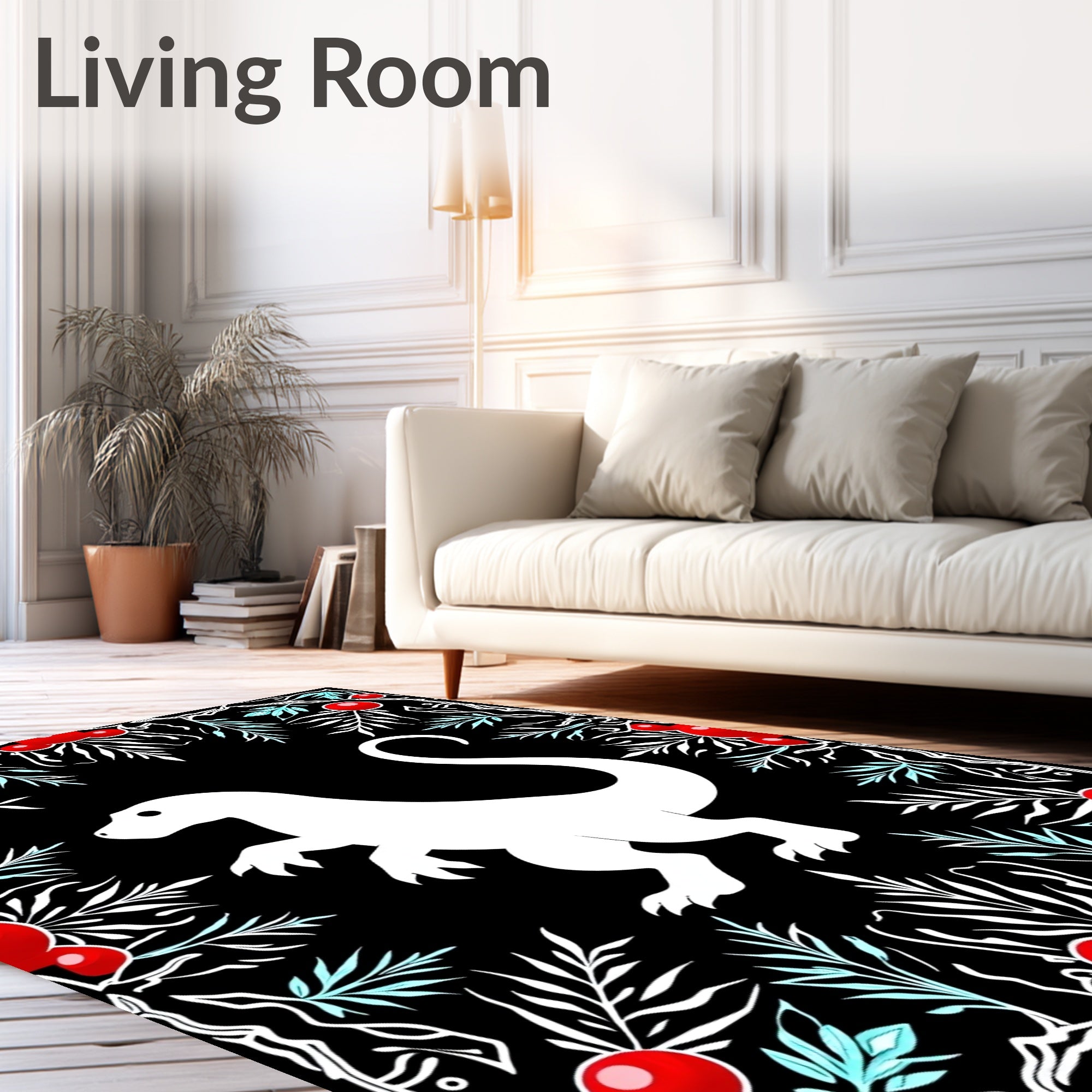White Dinosaur Red Berry Border Rug
