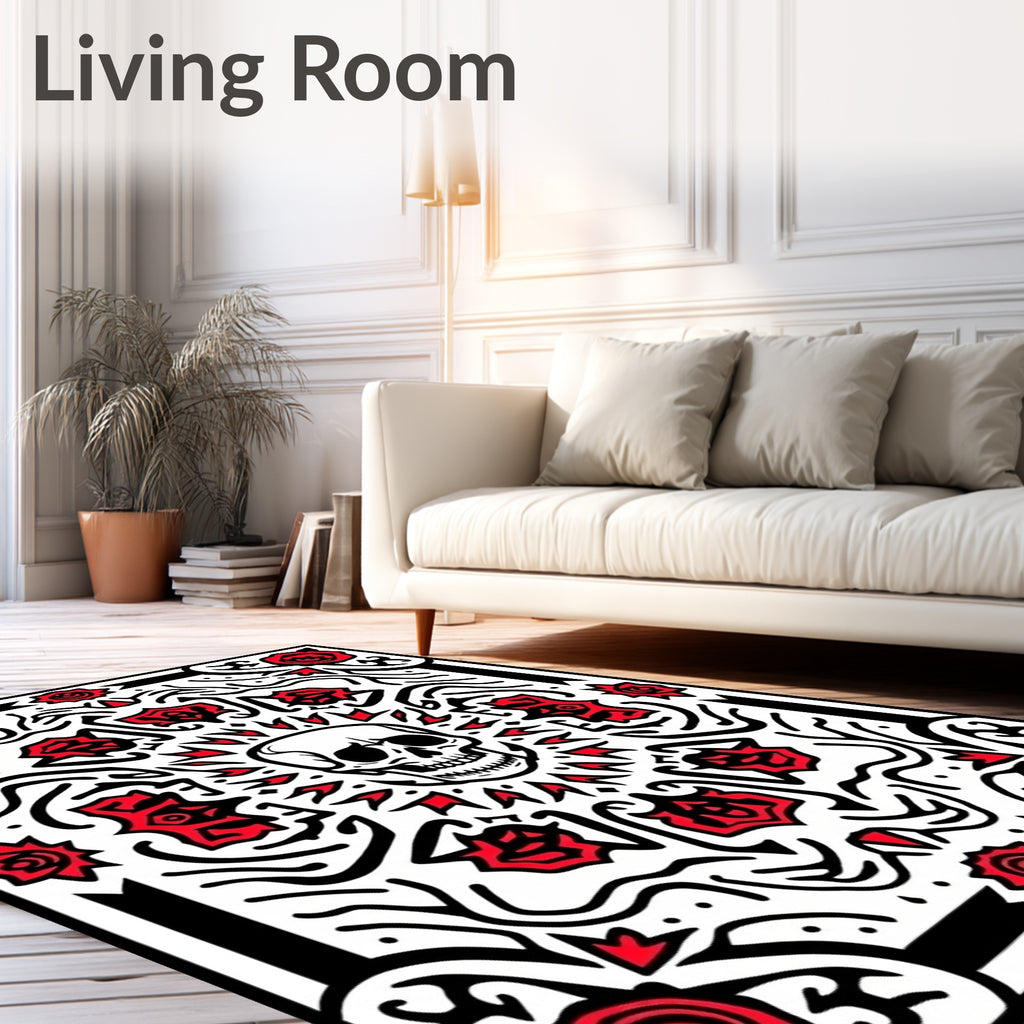Macabre Skull Red Rose Symmetry Rug