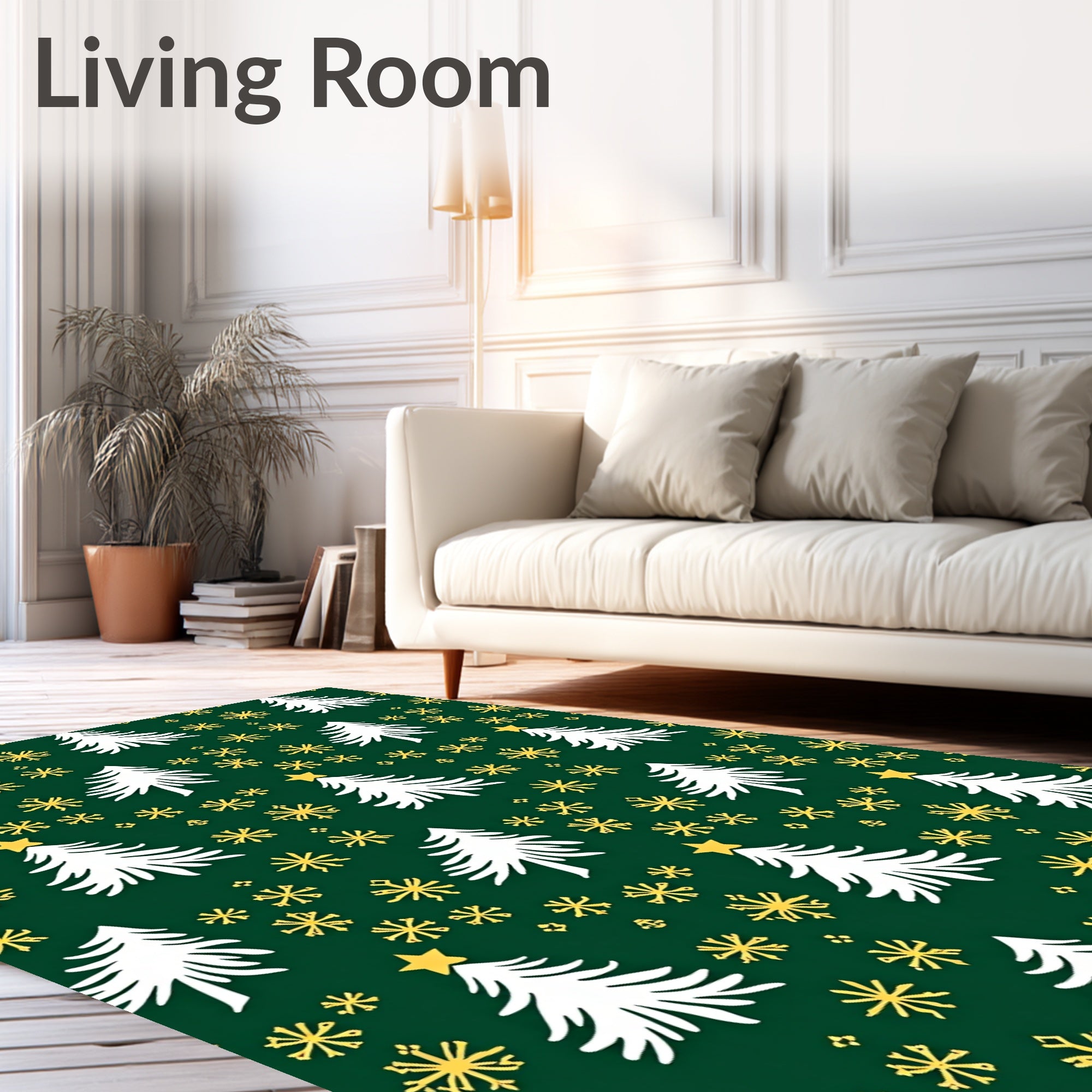 Festive White Pine Gold Star Snowflake Rug