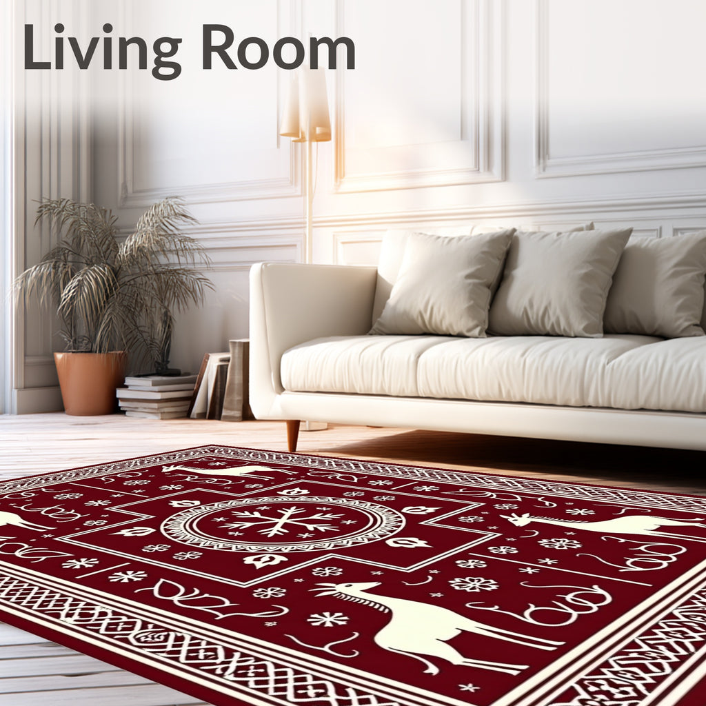 Crimson White Giraffe Snowflake Border Rug
