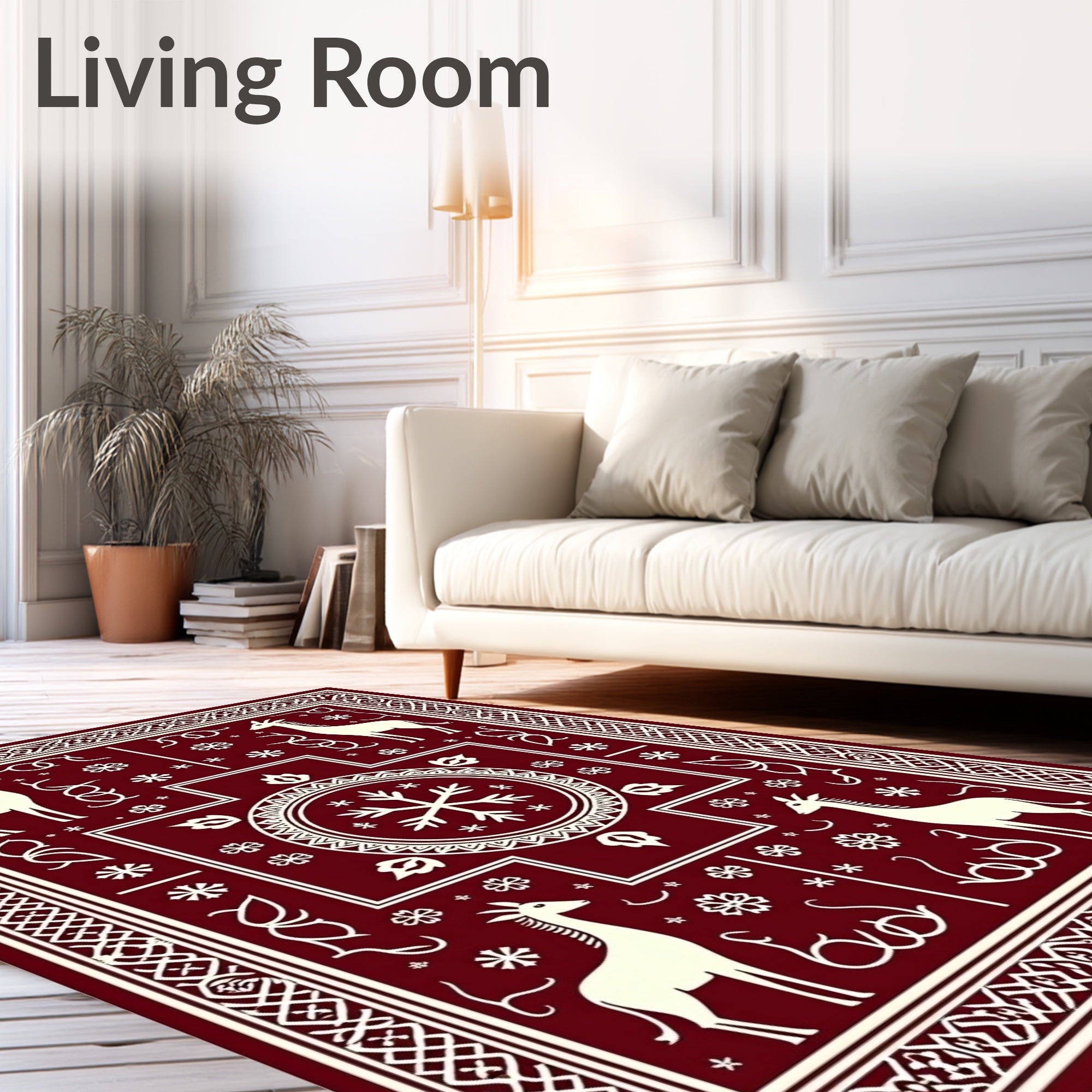 Crimson White Giraffe Snowflake Border Rug