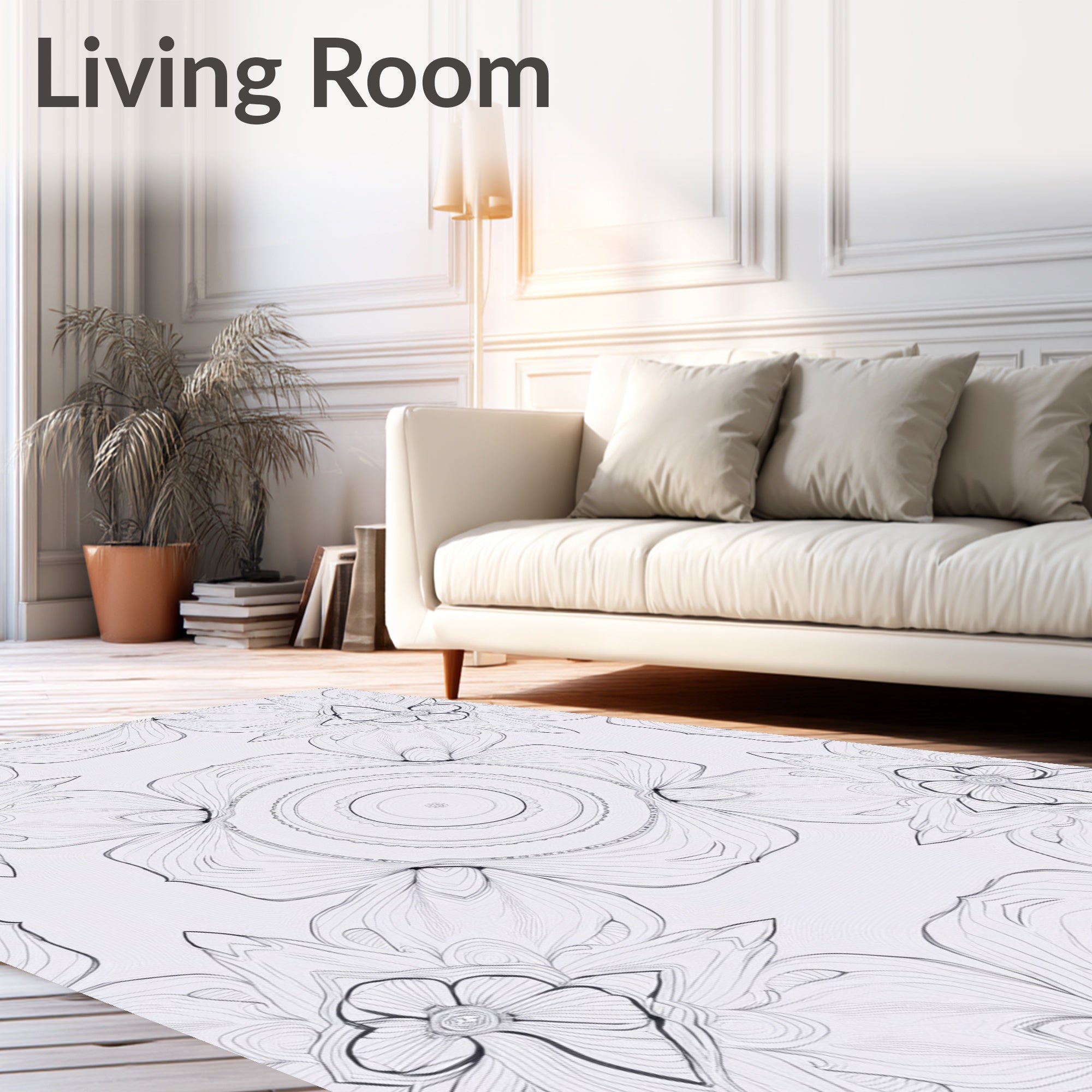 Intricate White Floral Mandala Symmetry Rug
