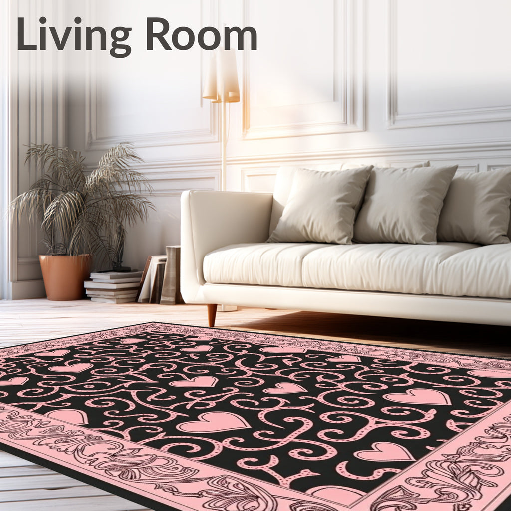 Pink Hearts Black Swirl Border Rug