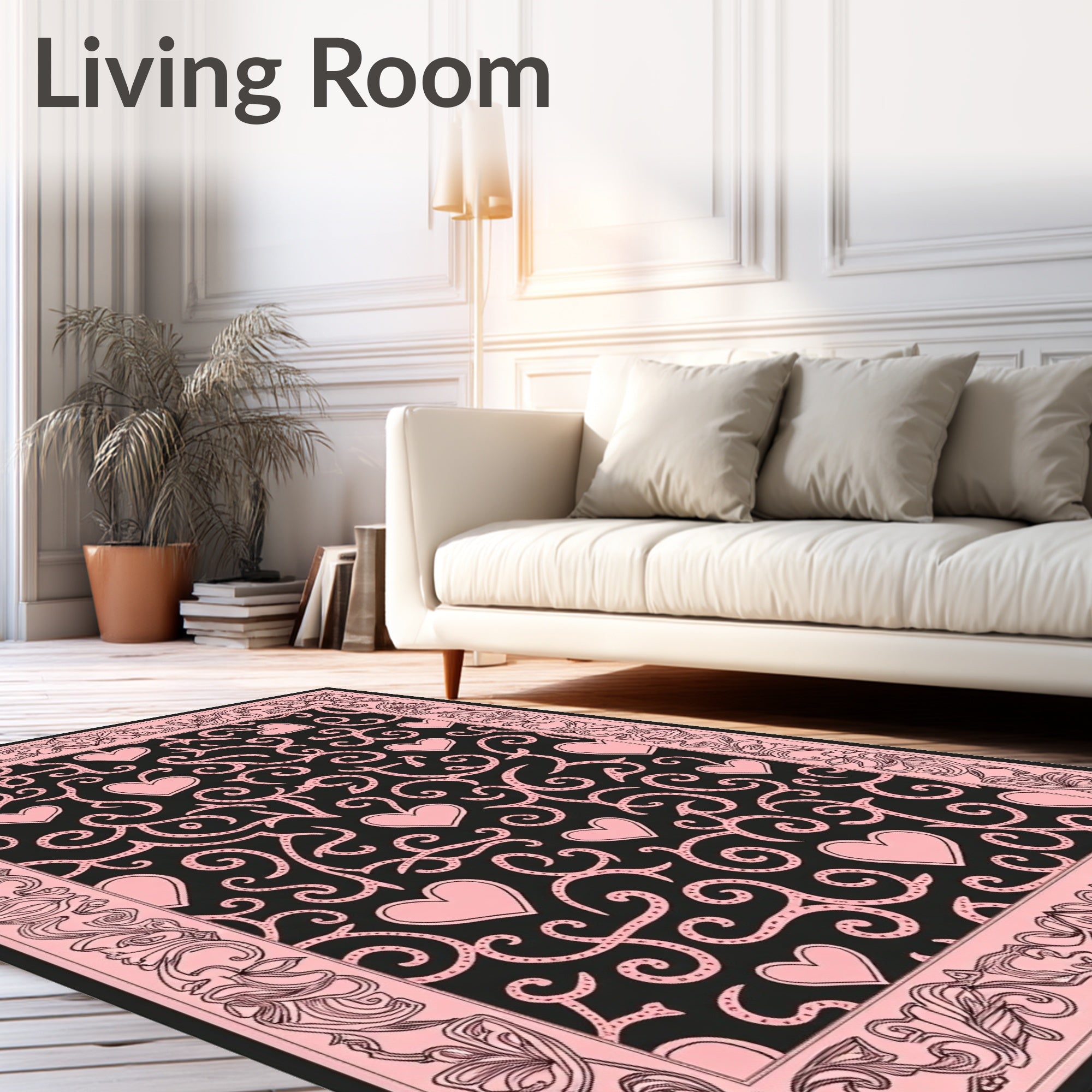Pink Hearts Black Swirl Border Rug