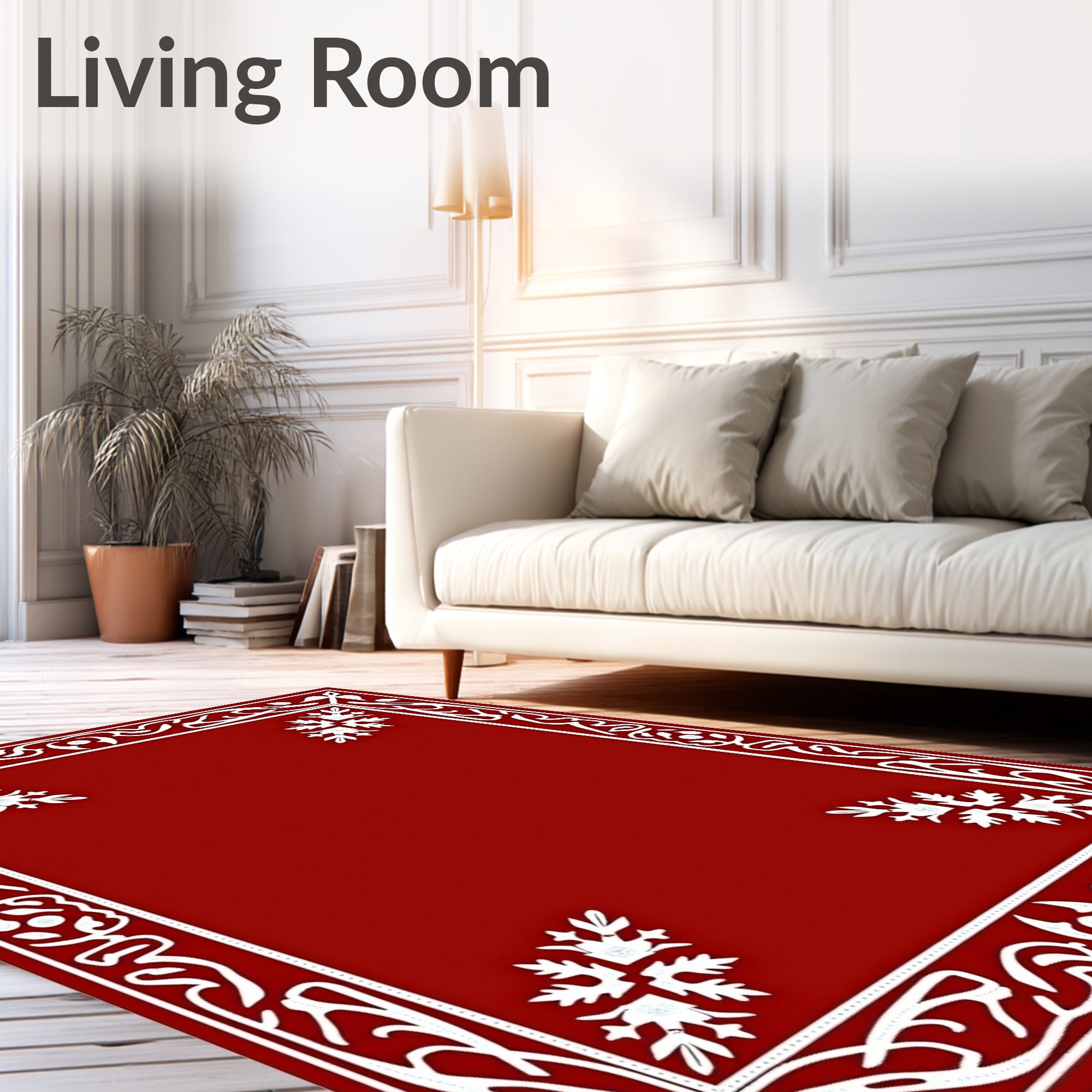 Crimson White Floral Scroll Border Rug