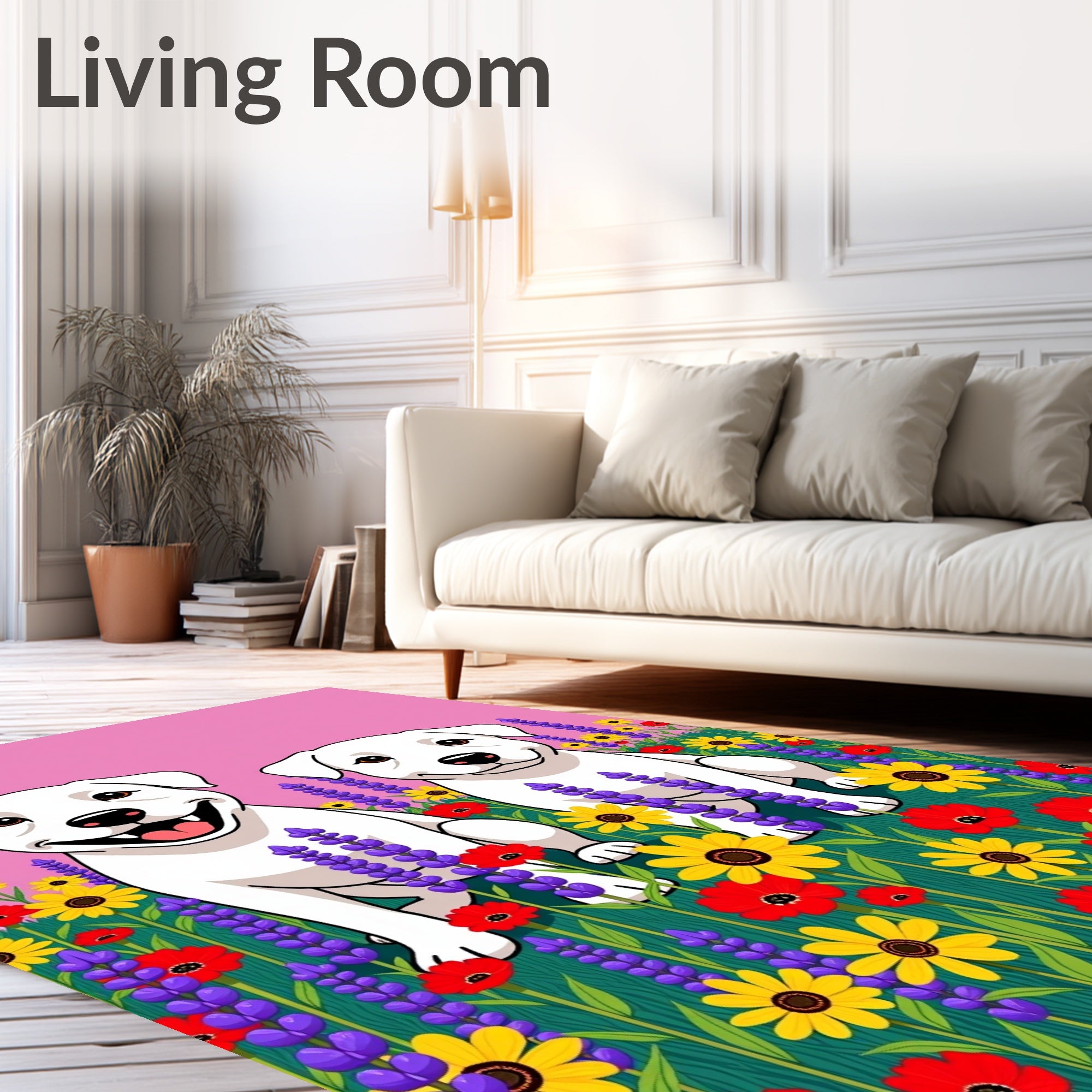 Two Happy White Puppies Floral Field Rug