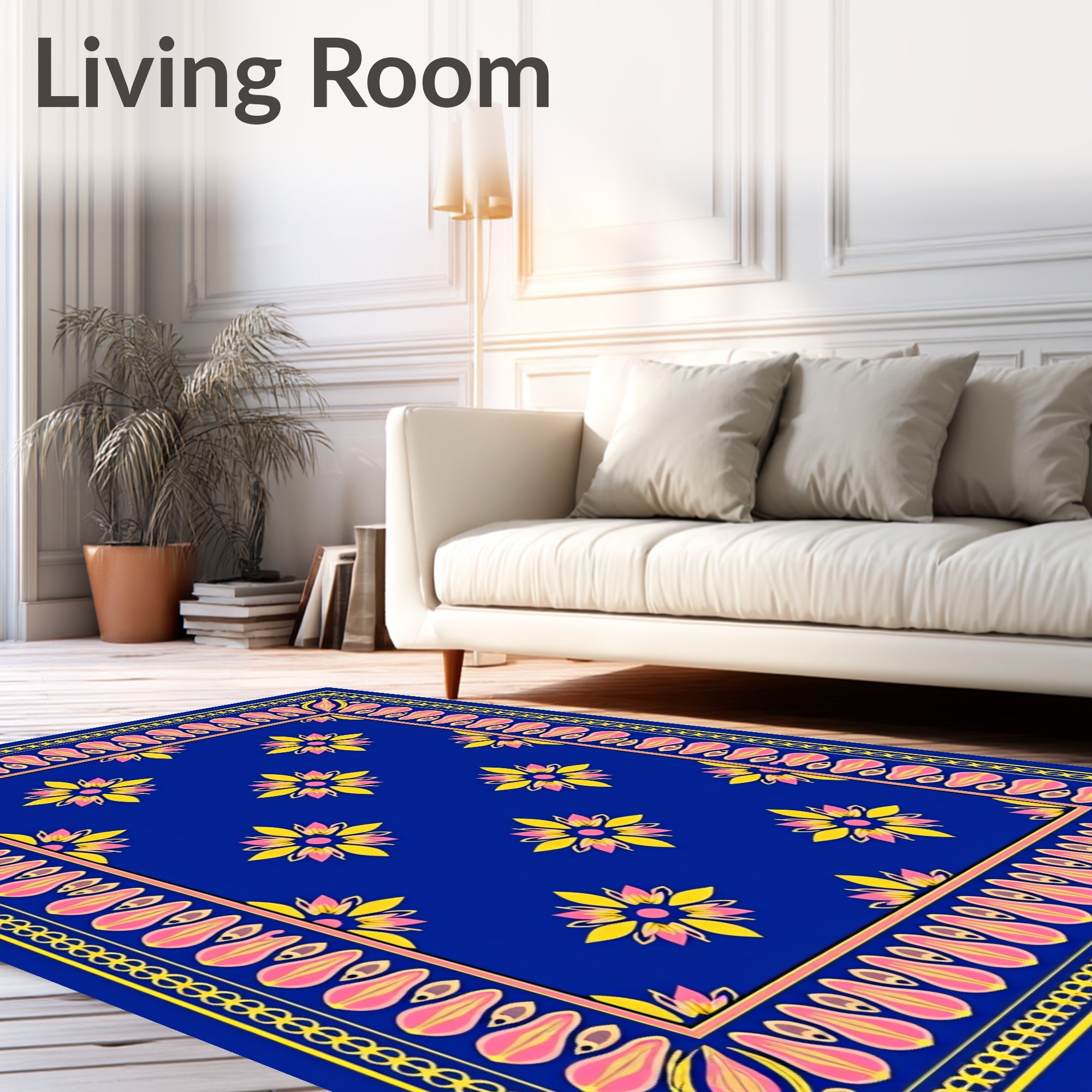 Vibrant Blue Yellow Pink Floral Medallion Rug
