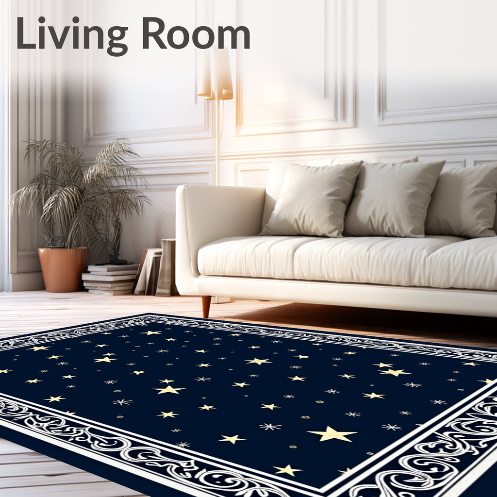Navy Golden Starry Night Border Rug