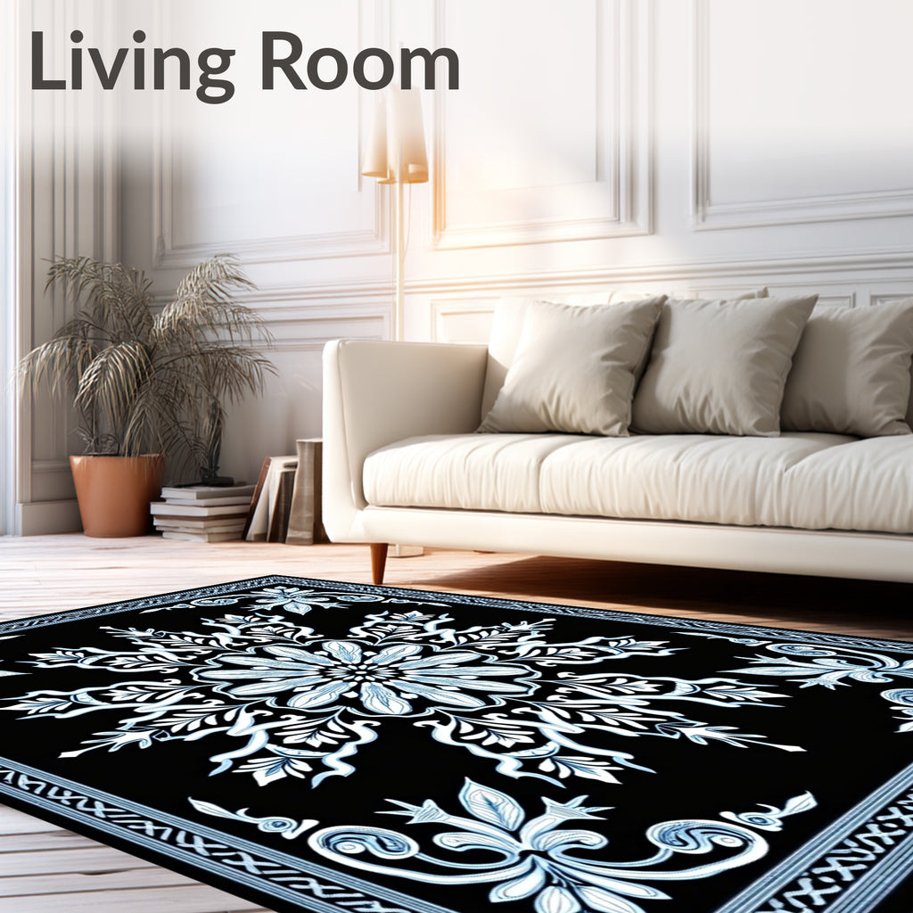 Black Blue Medallion Floral Filigree Rug