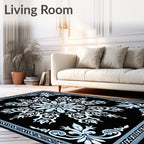 Black Blue Medallion Floral Filigree Rug