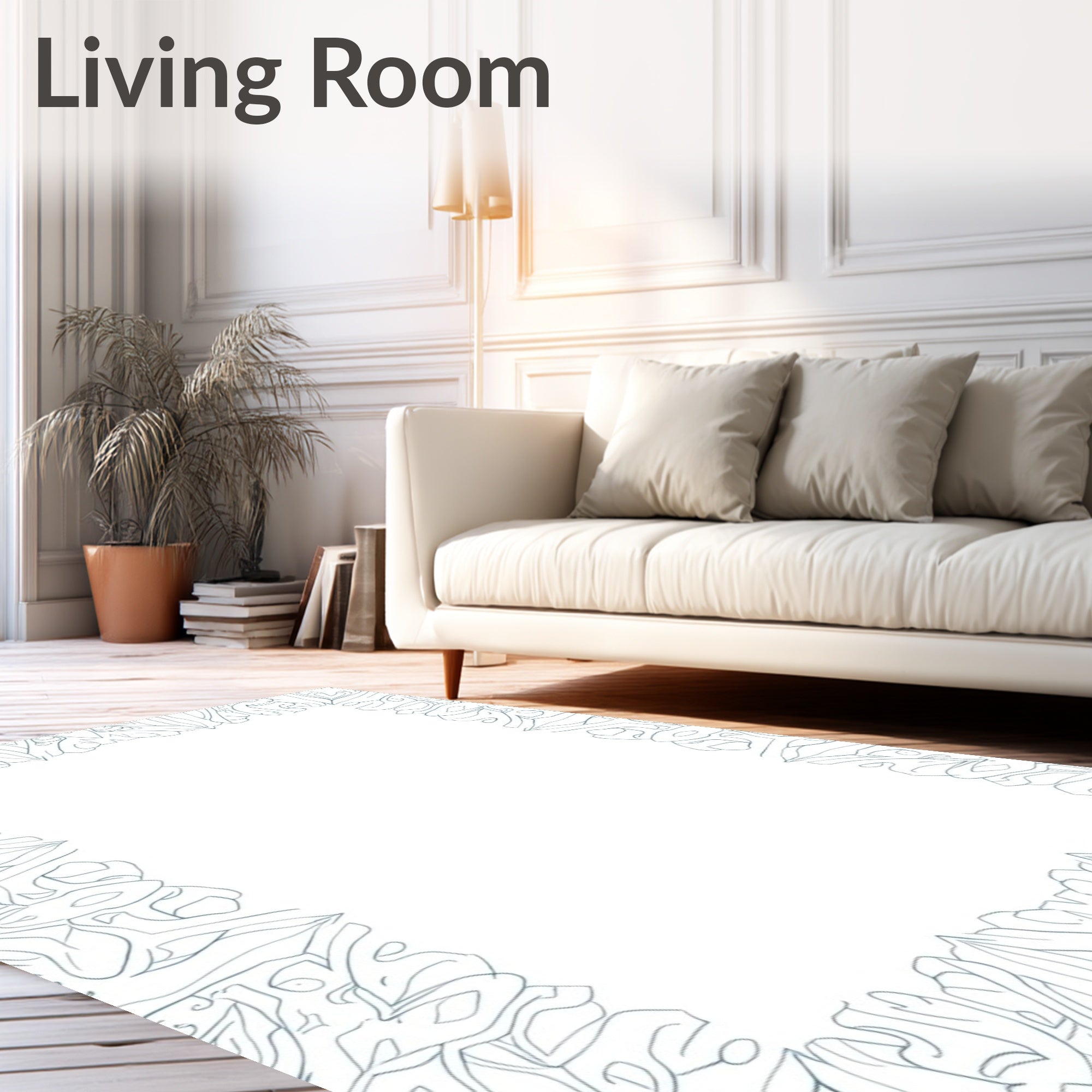 Ornate Blue Leafy Scrollwork Border Rug