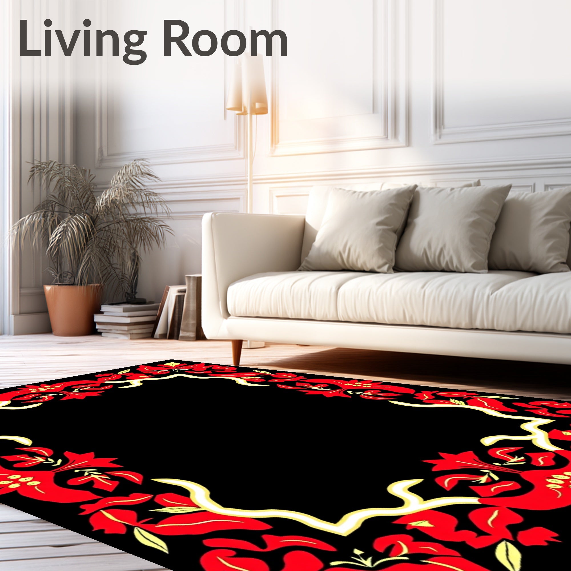 Bold Crimson Floral Vine Frame Rug