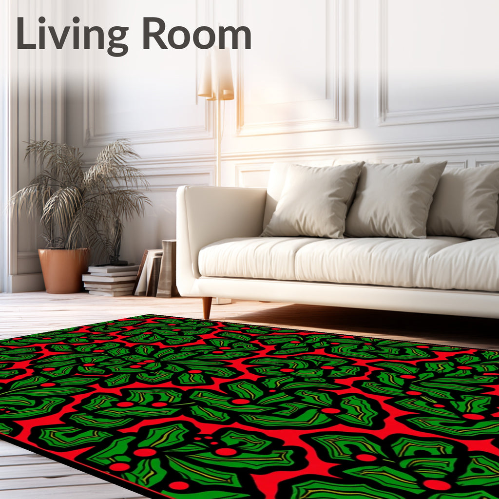 Bold Red Green Leaf Berry Collage Rug