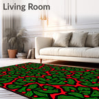 Bold Red Green Leaf Berry Collage Rug