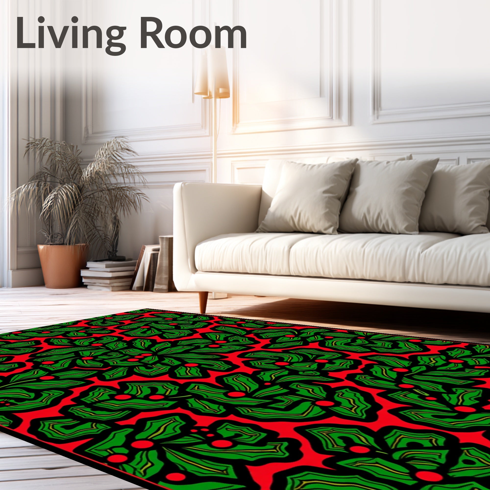 Bold Red Green Leaf Berry Collage Rug