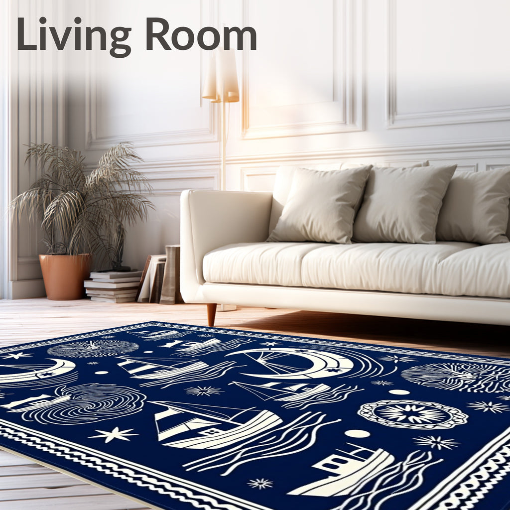 Navy Ivory Nautical Sailing Crescent Moon Rug