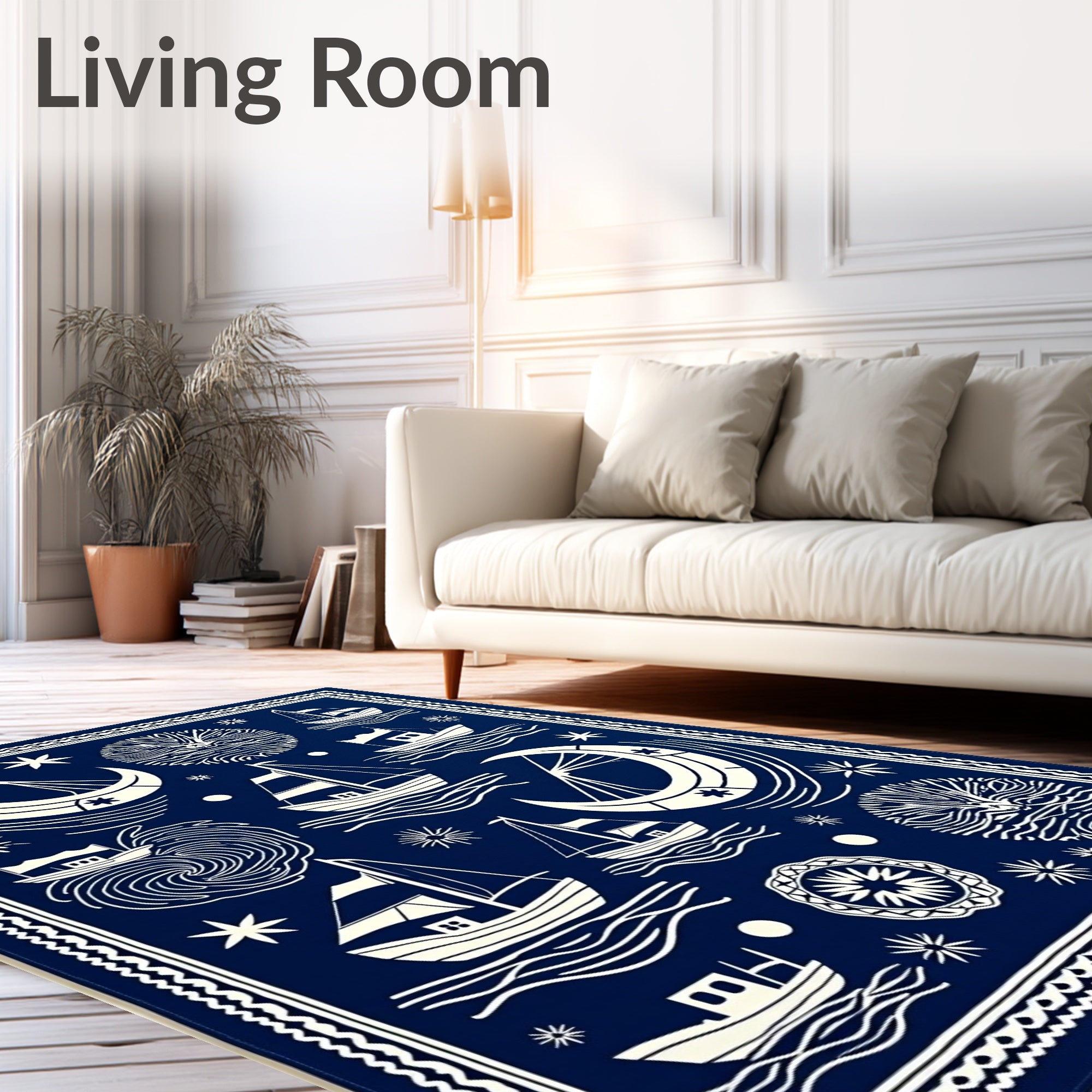 Navy Ivory Nautical Sailing Crescent Moon Rug