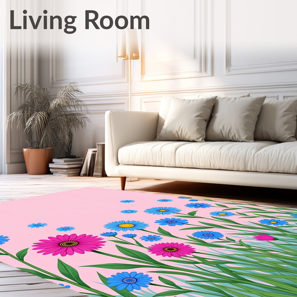 Bright Pink Blue Floral Meadow Rug