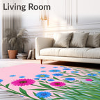 Bright Pink Blue Floral Meadow Rug