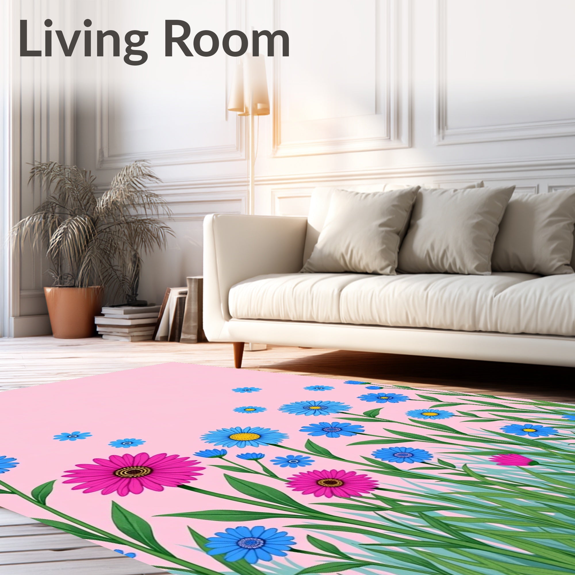 Bright Pink Blue Floral Meadow Rug
