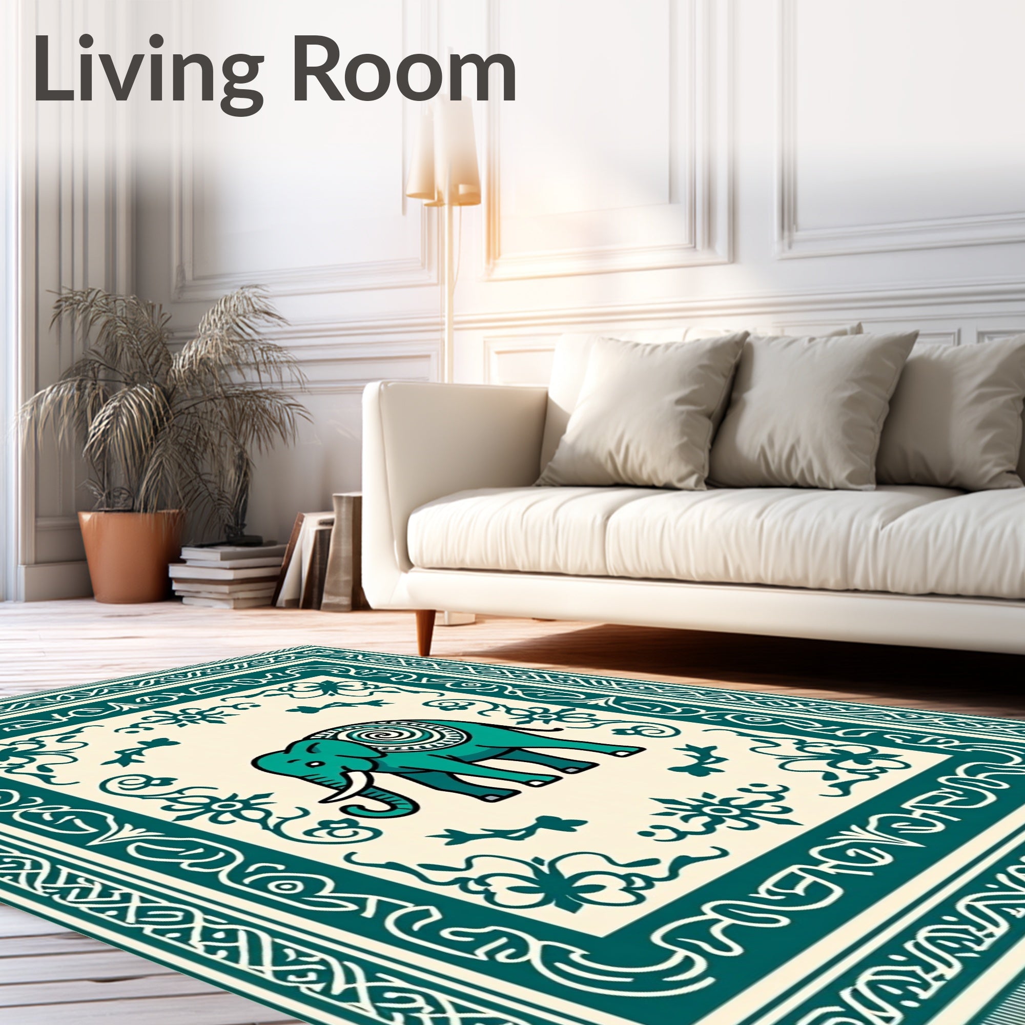 Teal Elephant Ivory Border Medallion Rug