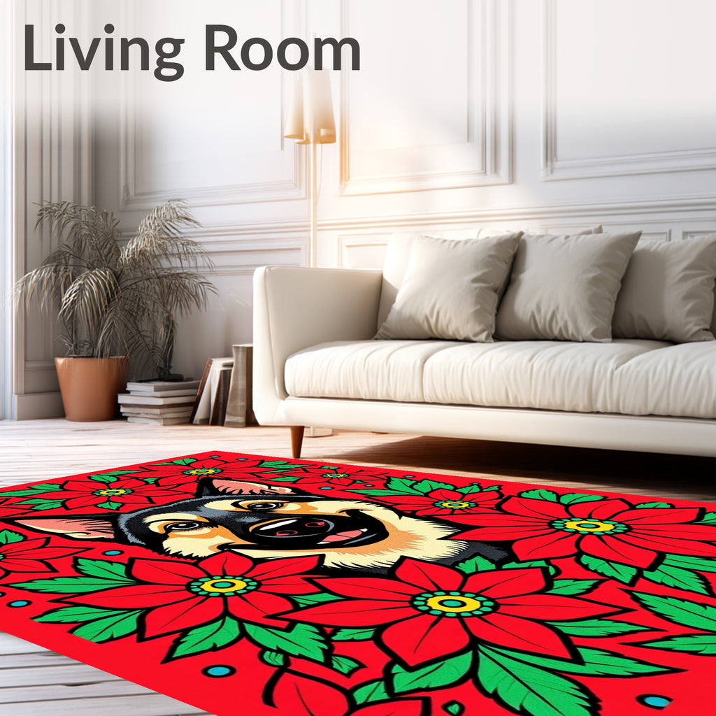 Bold Red Poinsettia Dog Portrait Rug