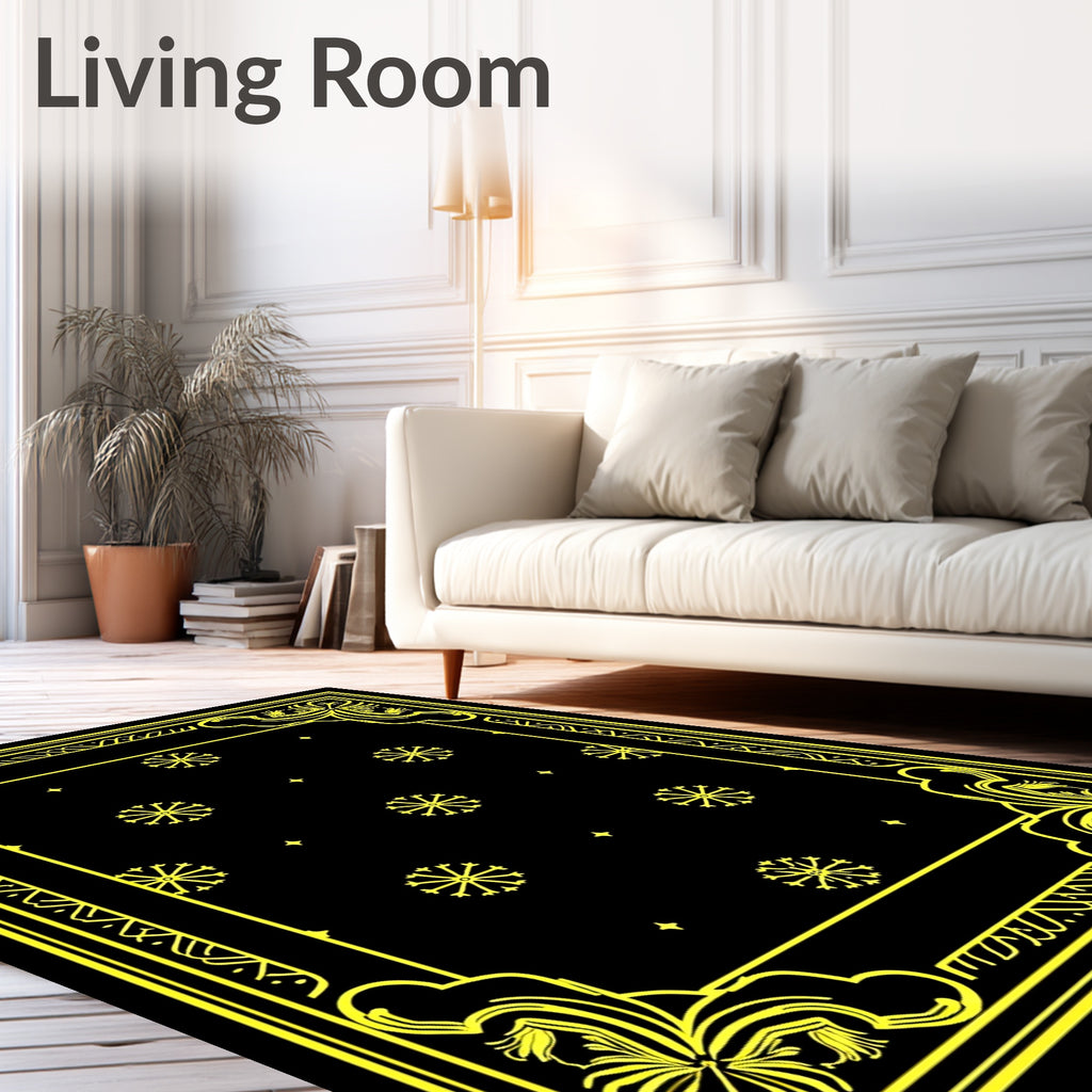 Bold Yellow Floral Medallion Black Rug