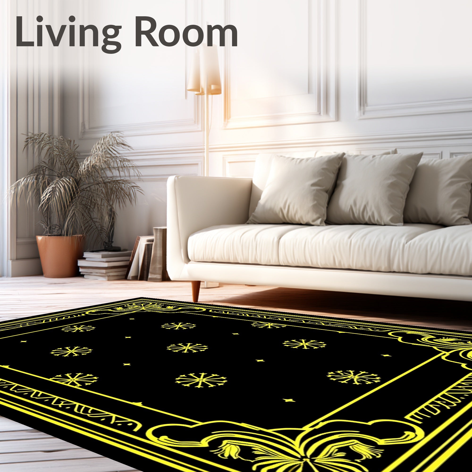 Bold Yellow Floral Medallion Black Rug