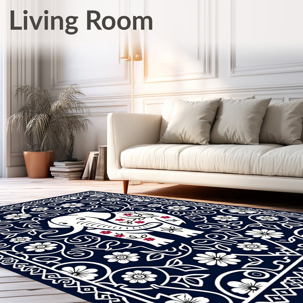 Navy Blue Elephant Floral Medallion Rug